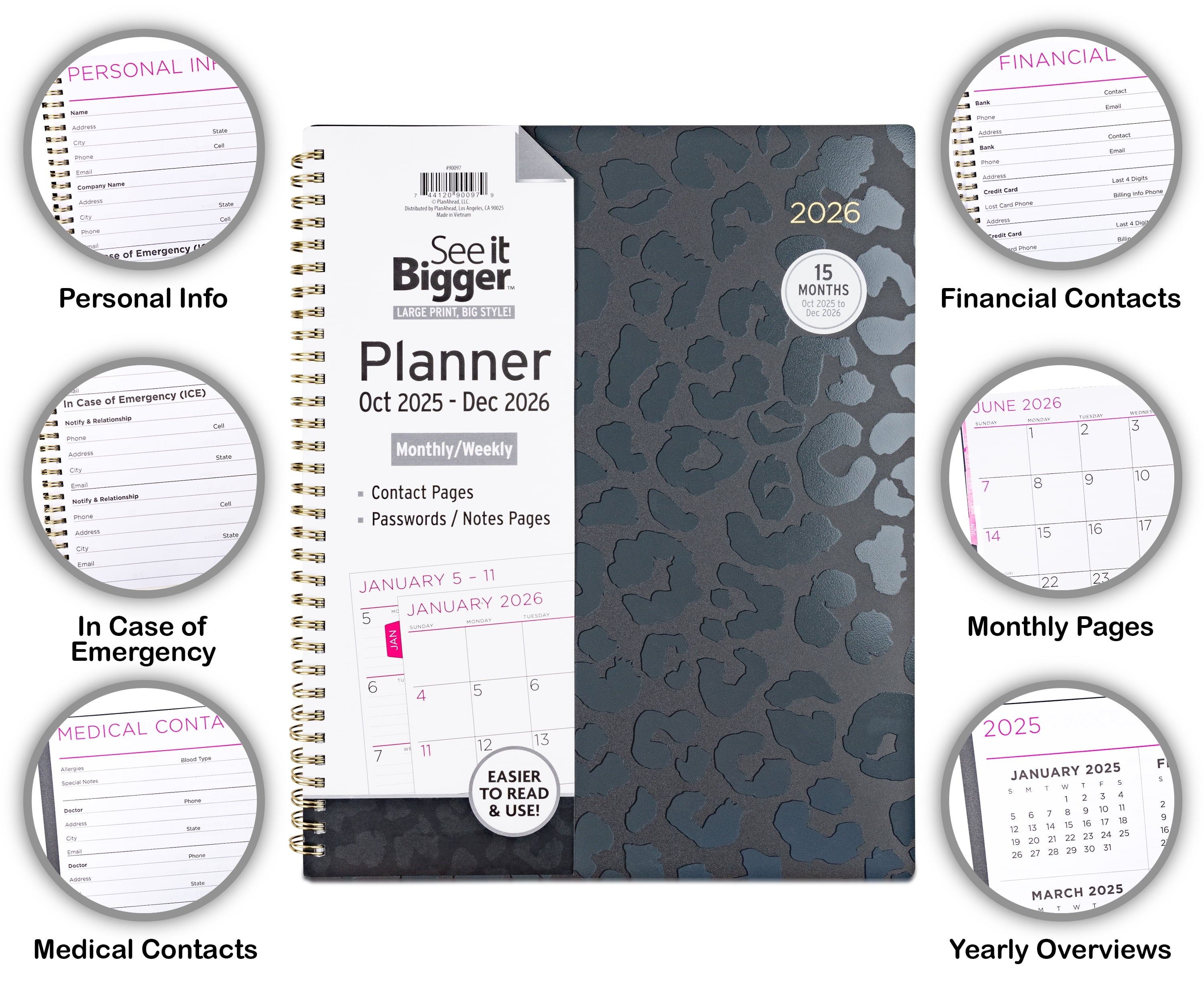 Monthly Weekly Planner Large (8.5" x 11") Black 15-Month Oct 2025-Dec 2026 - Image 2