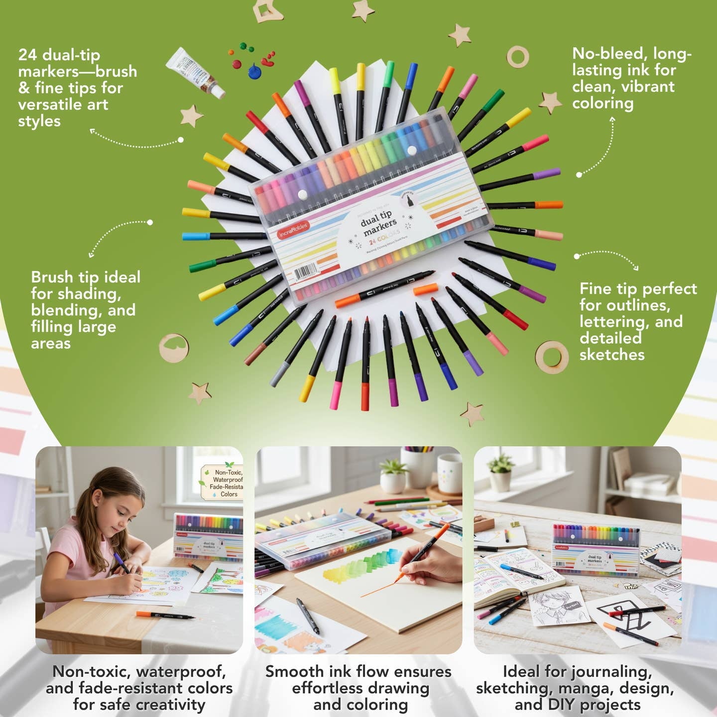 Dual Tip Markers Set, 24 Colors, Fine Tip, No Bleed, Art Drawing Coloring - Image 3