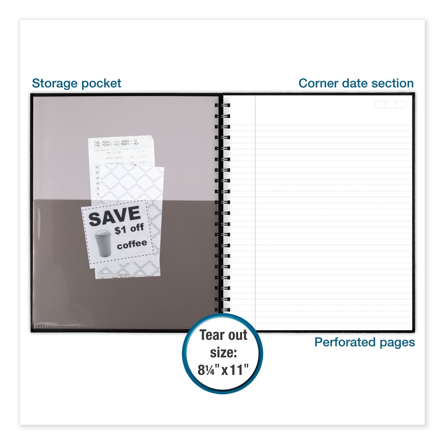 Mead Hardbound Notebook with Pocket, 1 Subject, Wide/Legal Rule, Black Cover, 11" x 8.5", 96 Sheets - Image 2