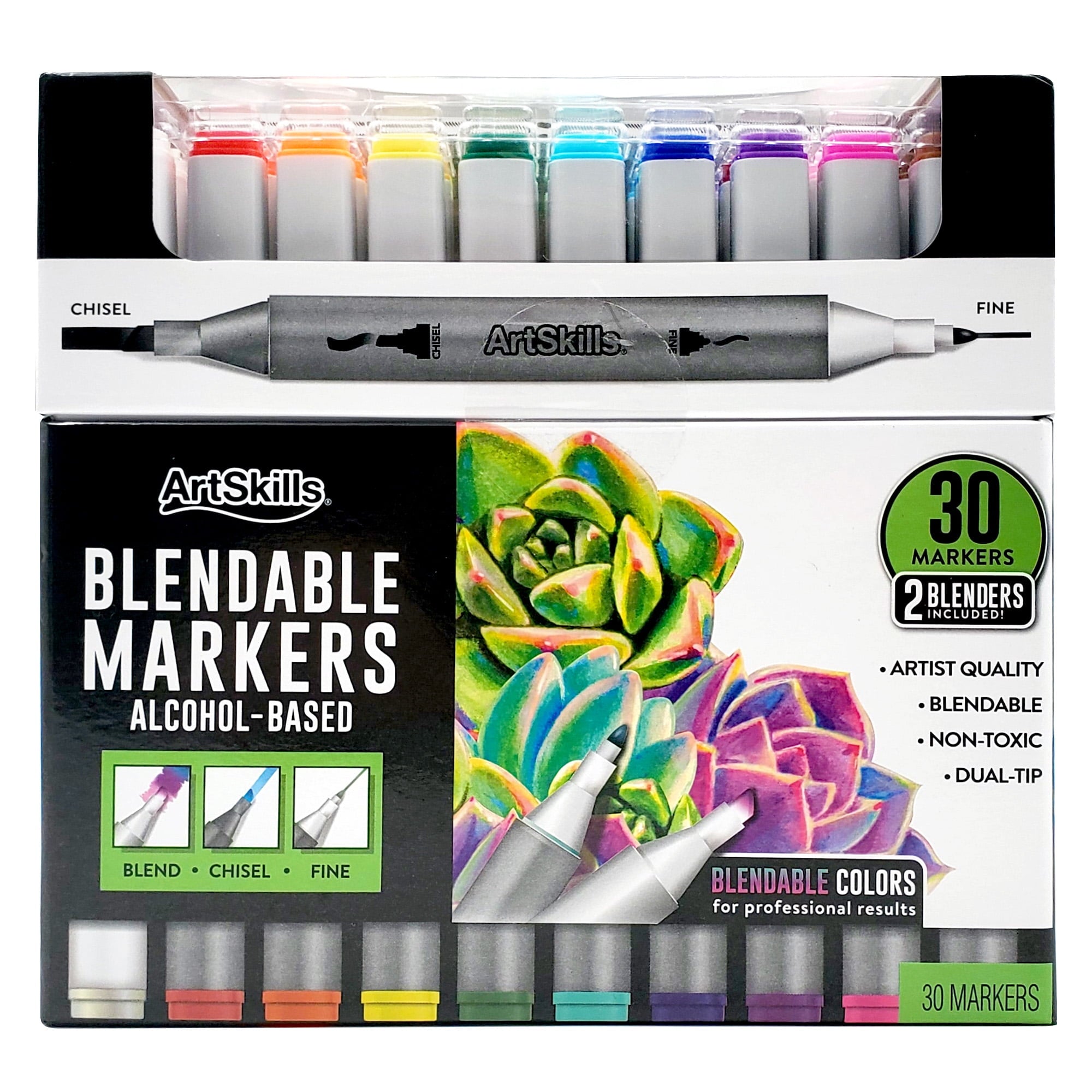 Dual-Tip Blendable Alcohol Markers with Colorless Blenders, for Adults & Teens, 32 Count
