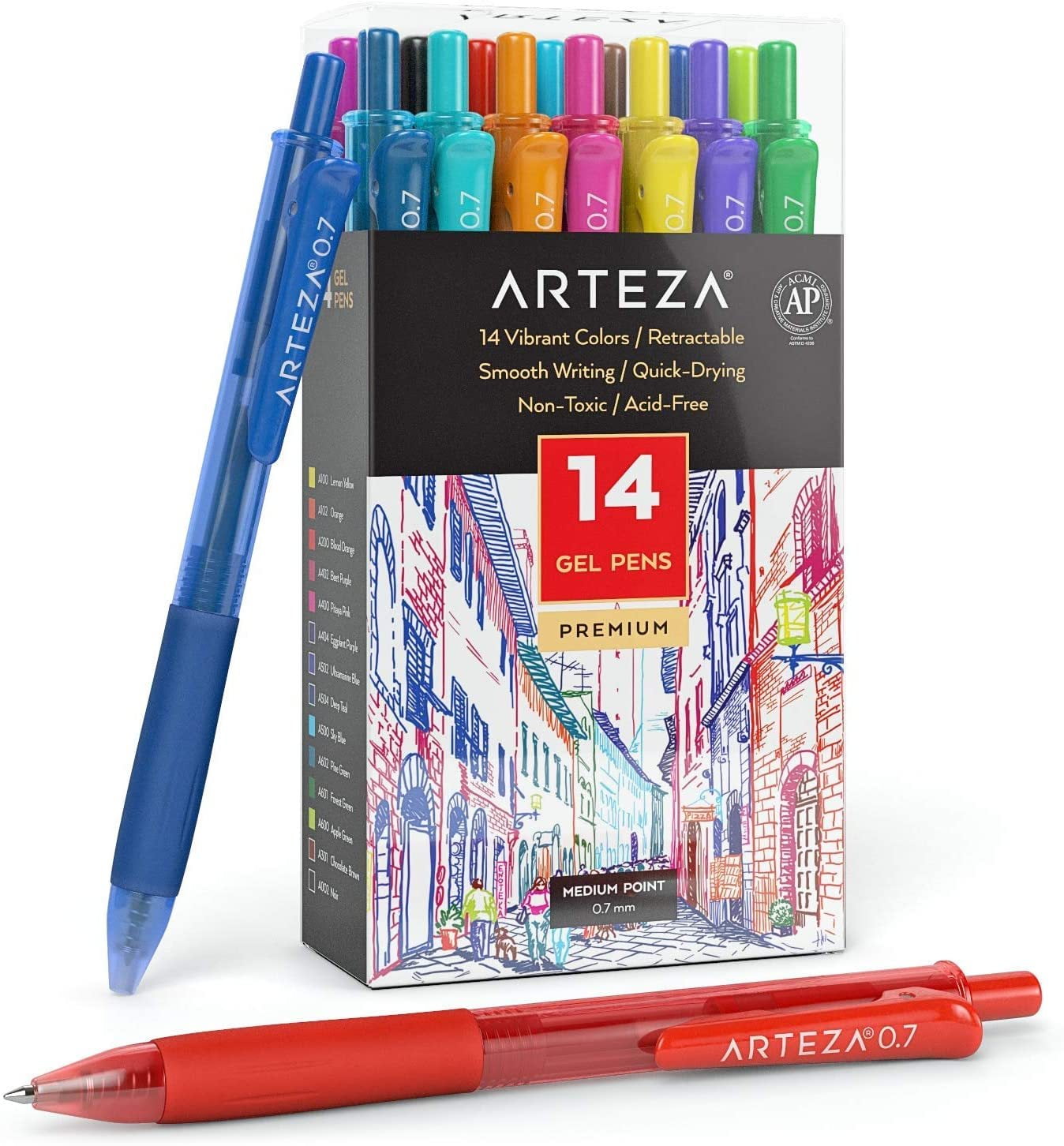 Retractable Gel Ink Colored Pens Set, Bright Colors - Doodle, Draw, Journal - 14 Pack