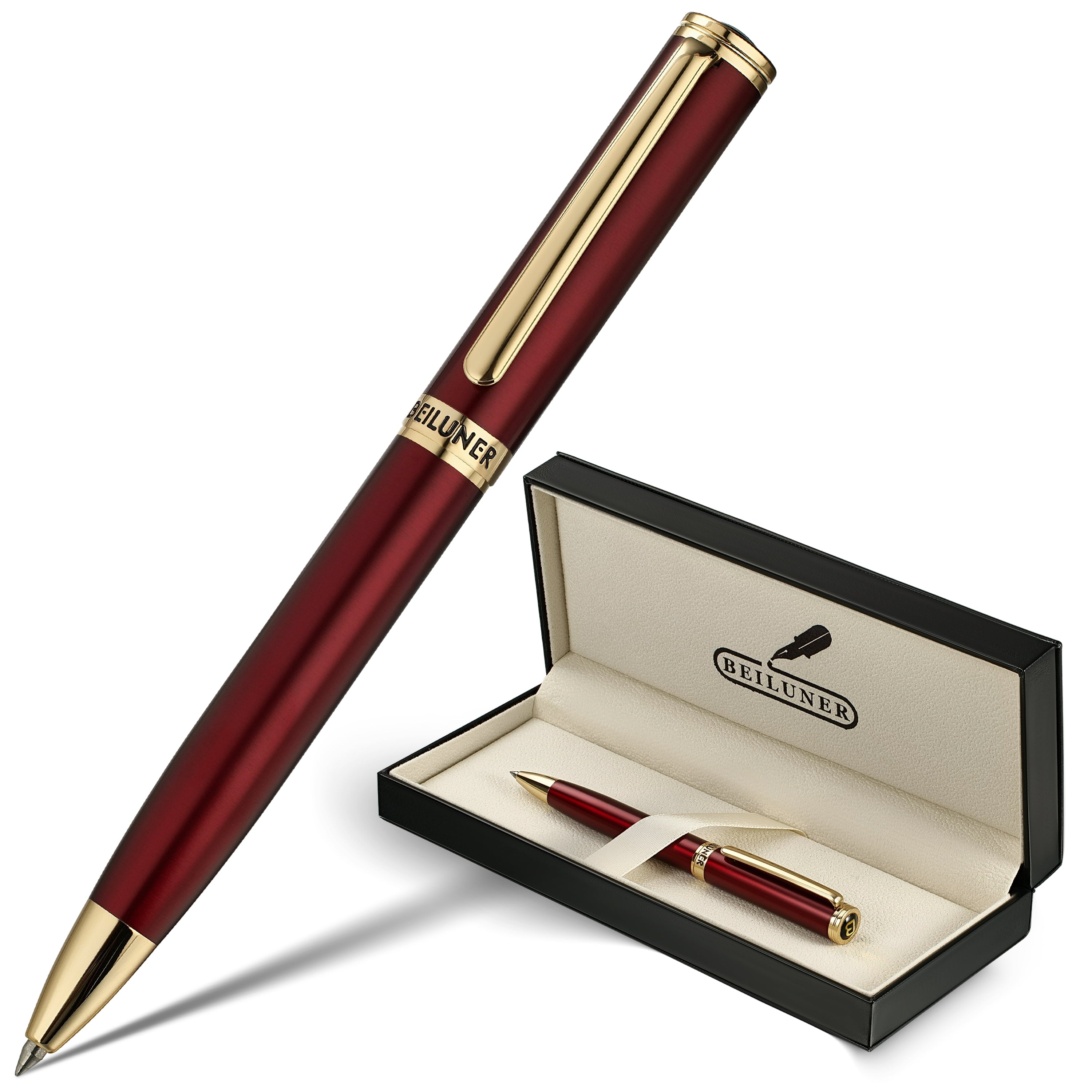 Luxury Gel Pens, Wine Red Pen Barrel with 24K Gold Trim, Classic Leather Box-Best Pen Gift Set for Men & Women Profes...