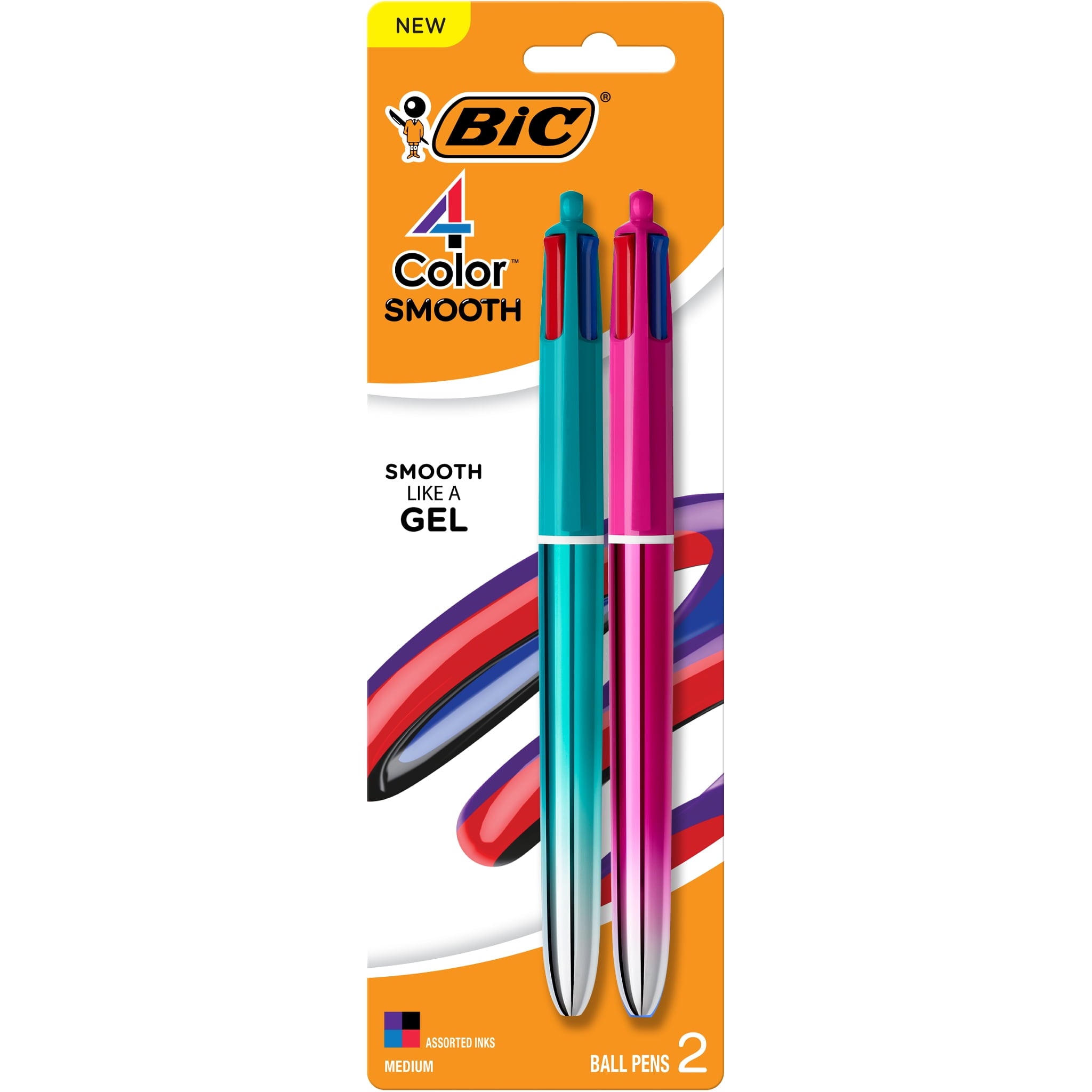 4-Color Smooth Retractable Ballpoint Pens, Assorted Colors, Medium Point (1.0mm), 2-Count