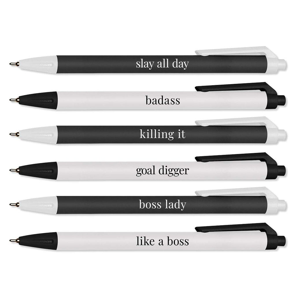Black And White Female Empowerment Pen Set / 6 Black Ink Gel Glide Pens / Encouraging Boss Babe Office Supplies / Bos...