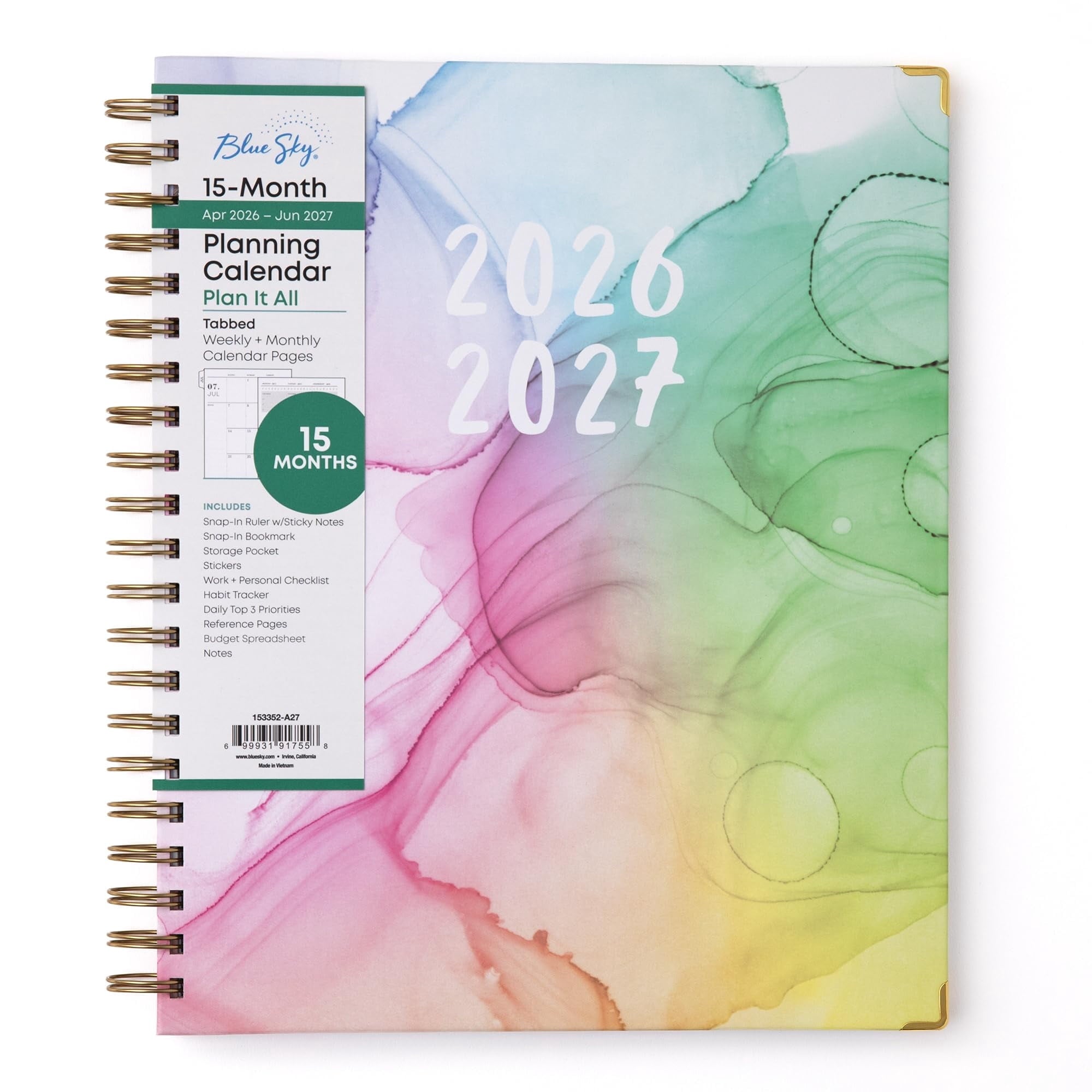 Blue Sky 15 Month 2026-2027 Weekly and Monthly Academic Year Planner Calendar, April 2026 - June 2027, 8.5" x 11", Hard Cover, Storage Pocke
