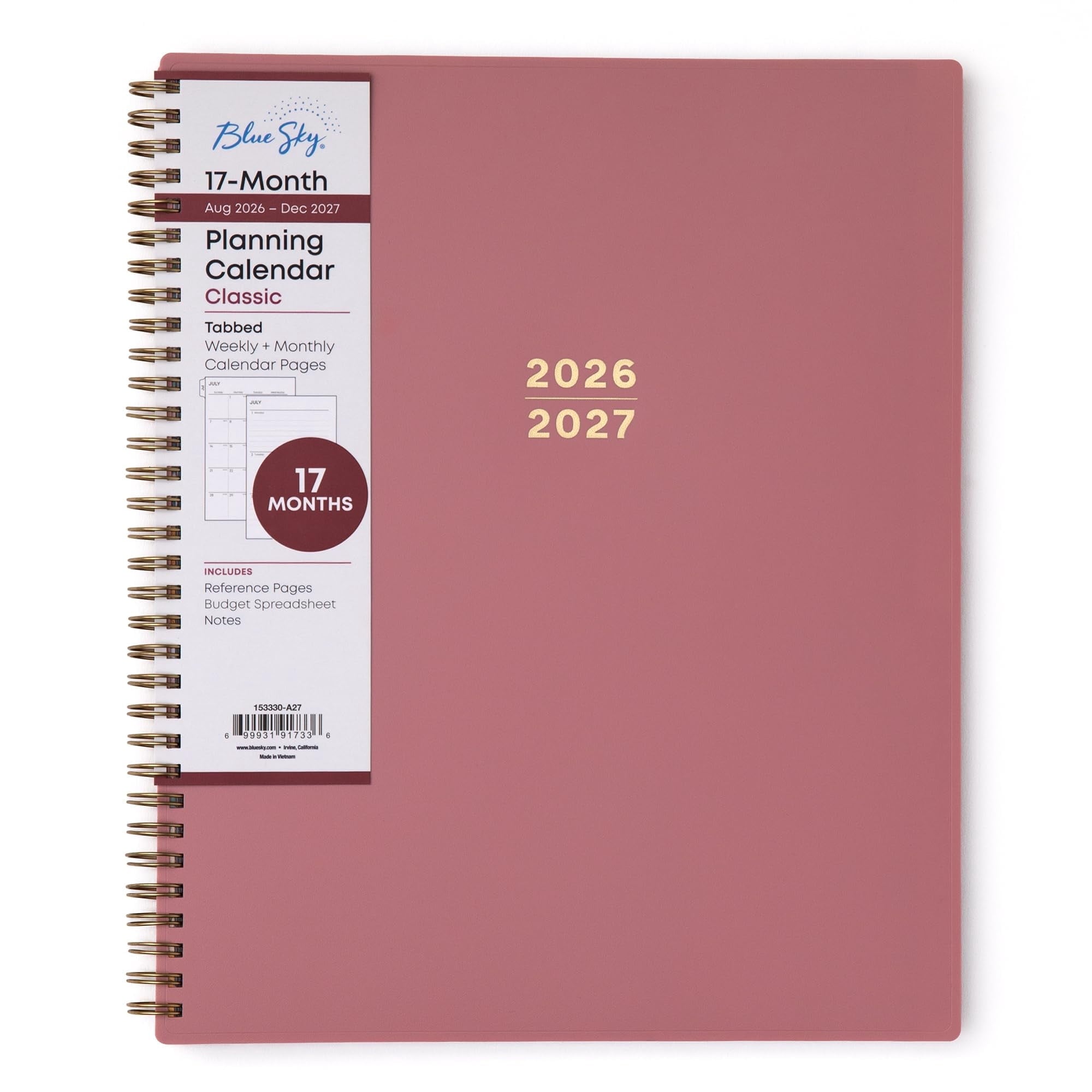 Blue Sky 17 Month 2026-2027 Weekly and Monthly Academic Year Planner Calendar, August 2026 - December 2027, 8.5" x 11", Flexible Cover, Wire