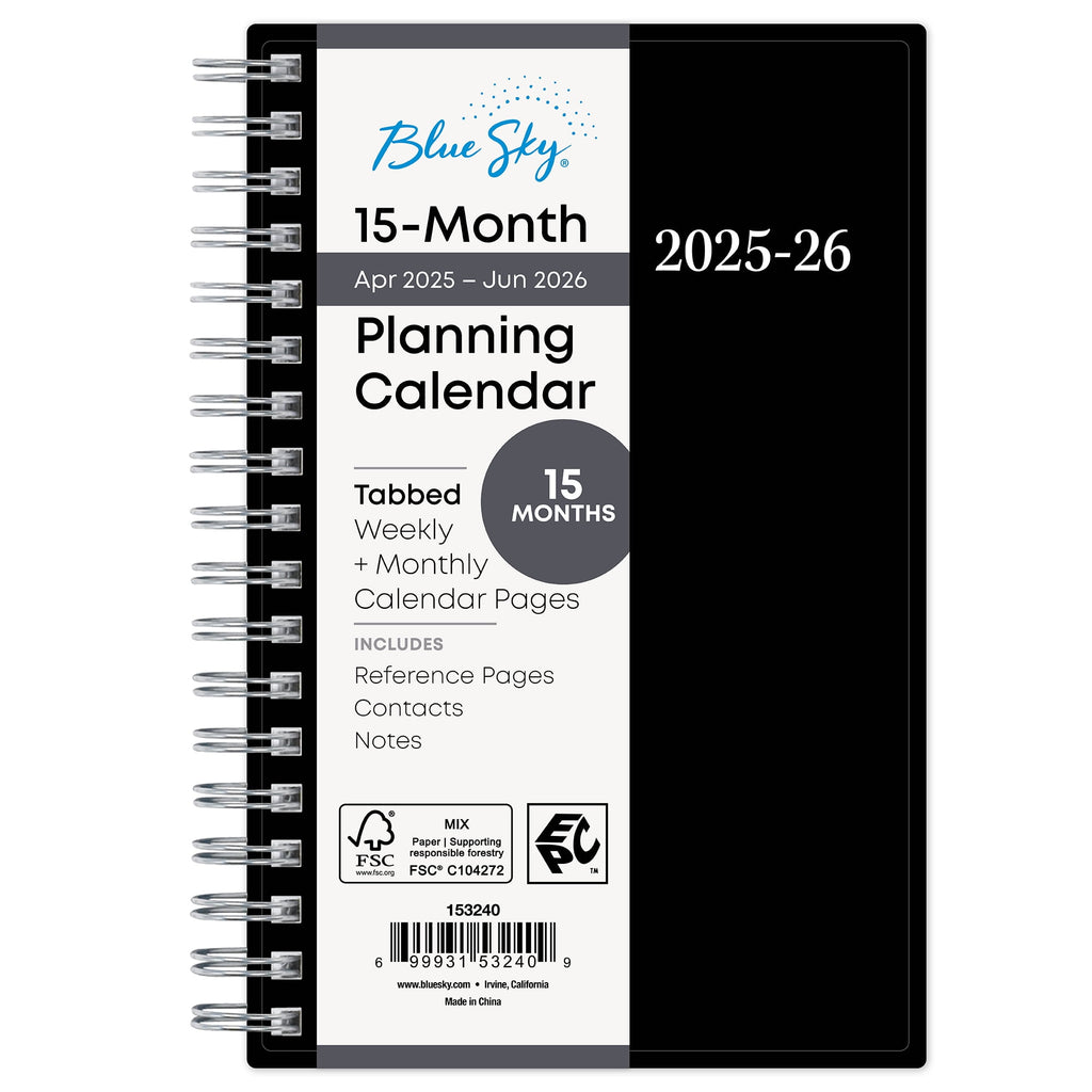 Monthly Weekly Small Planner, 3.625" x 6.125", Black 15-Month (April 2025 - June 2026)