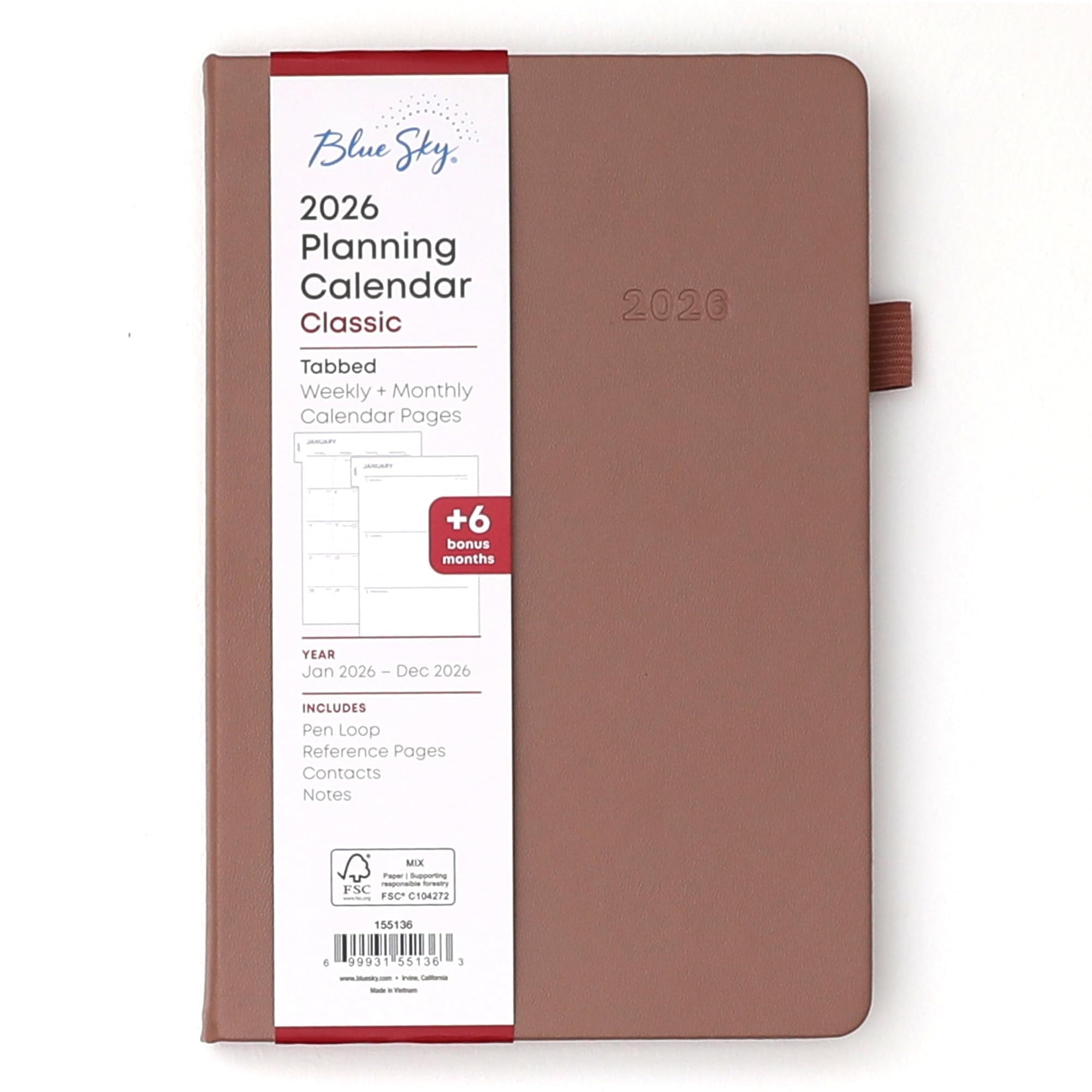 Blue Sky 2026 Weekly and Monthly Planner Calendar, January 2026 - December 2026, 5" x 8", Faux Leather Hard Cover, Bookbound, Tabs, Pen Loop