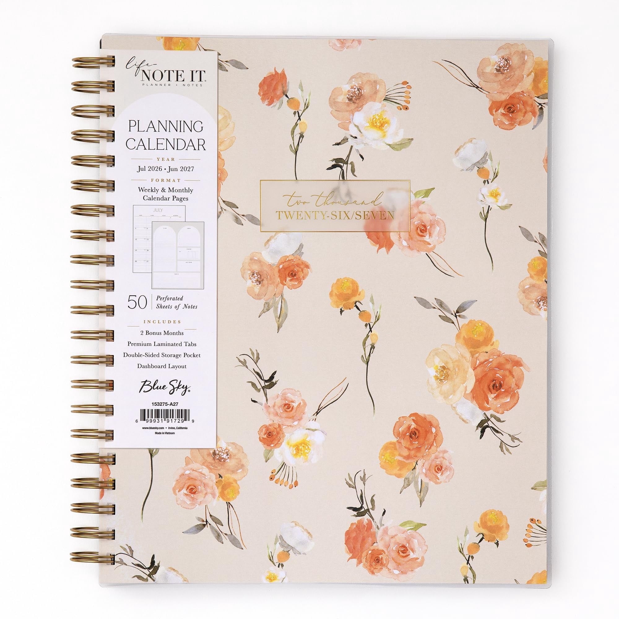 Blue Sky Life Note It 2026-2027 Academic Year Weekly and Monthly Planner, July 2026 - June 2027, 8.5 x 11, Flexible Cover, Laminated Tabs, W