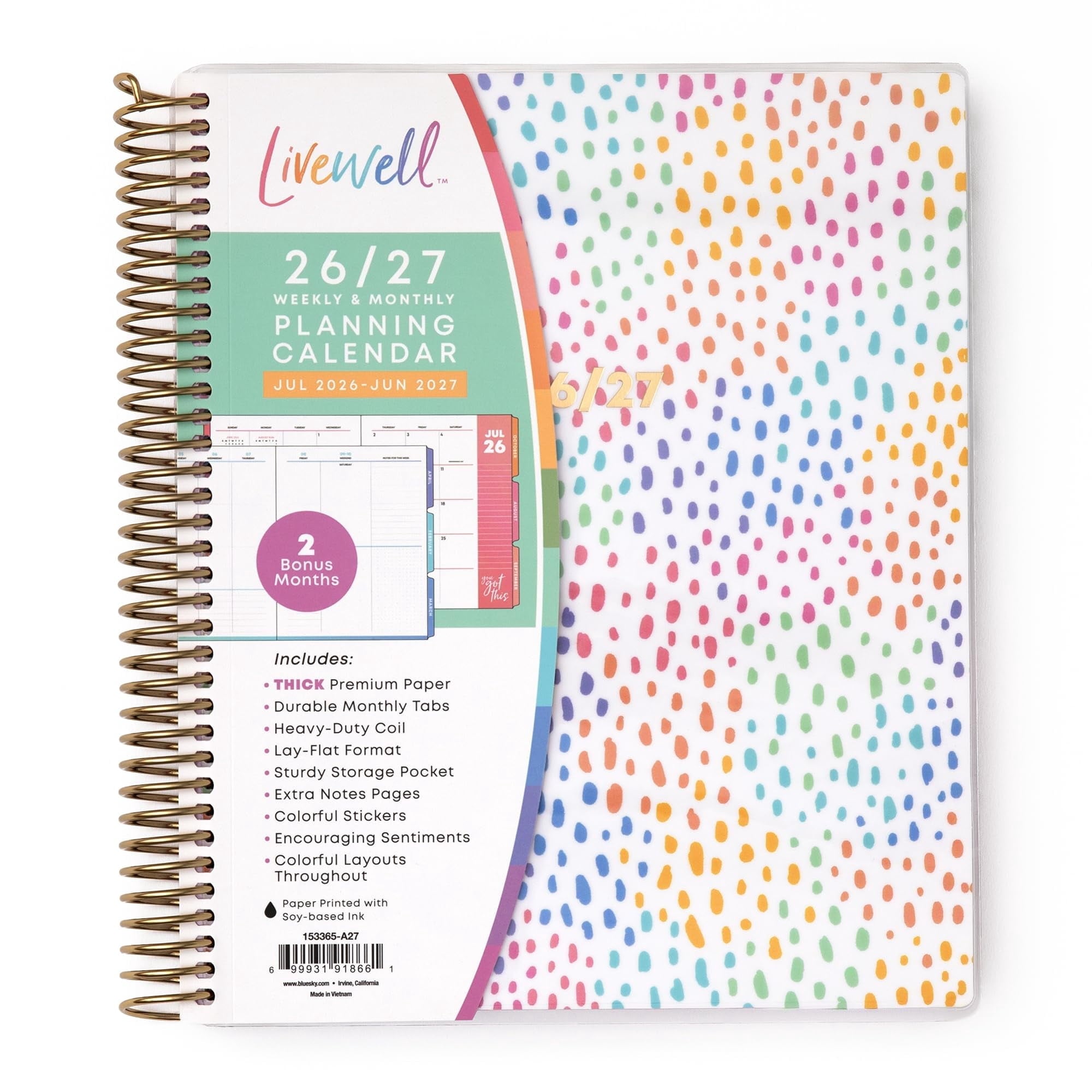 Blue Sky Livewell 2026-2027 Weekly and Monthly Academic Year Planner Calendar, July 2026 - June 2027, 7" x 9", Flexible Cover, Wirebound, Co