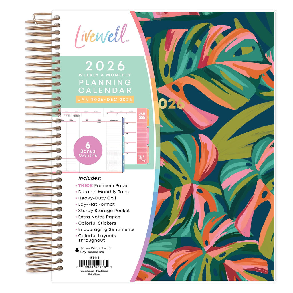 Blue Sky Livewell 2026 Daily and Monthly Planner Calendar, January 2026 - December 2026, 7" x 9", Flexible Laminated Cover, Heavy Duty Coil