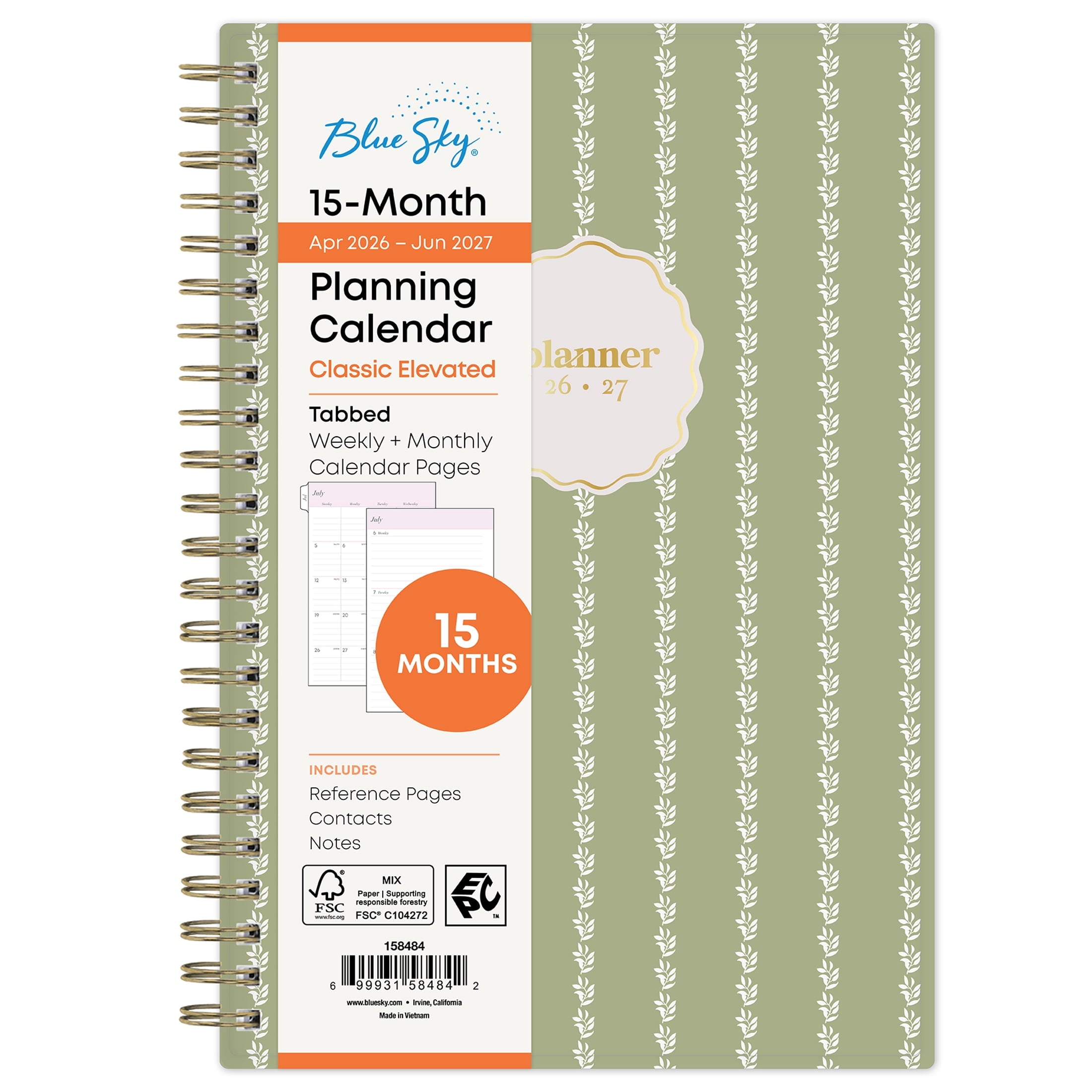 Monthly Weekly Planner, 5" x 8", Simple Sage 15-Month (April 2026 - June 2027)