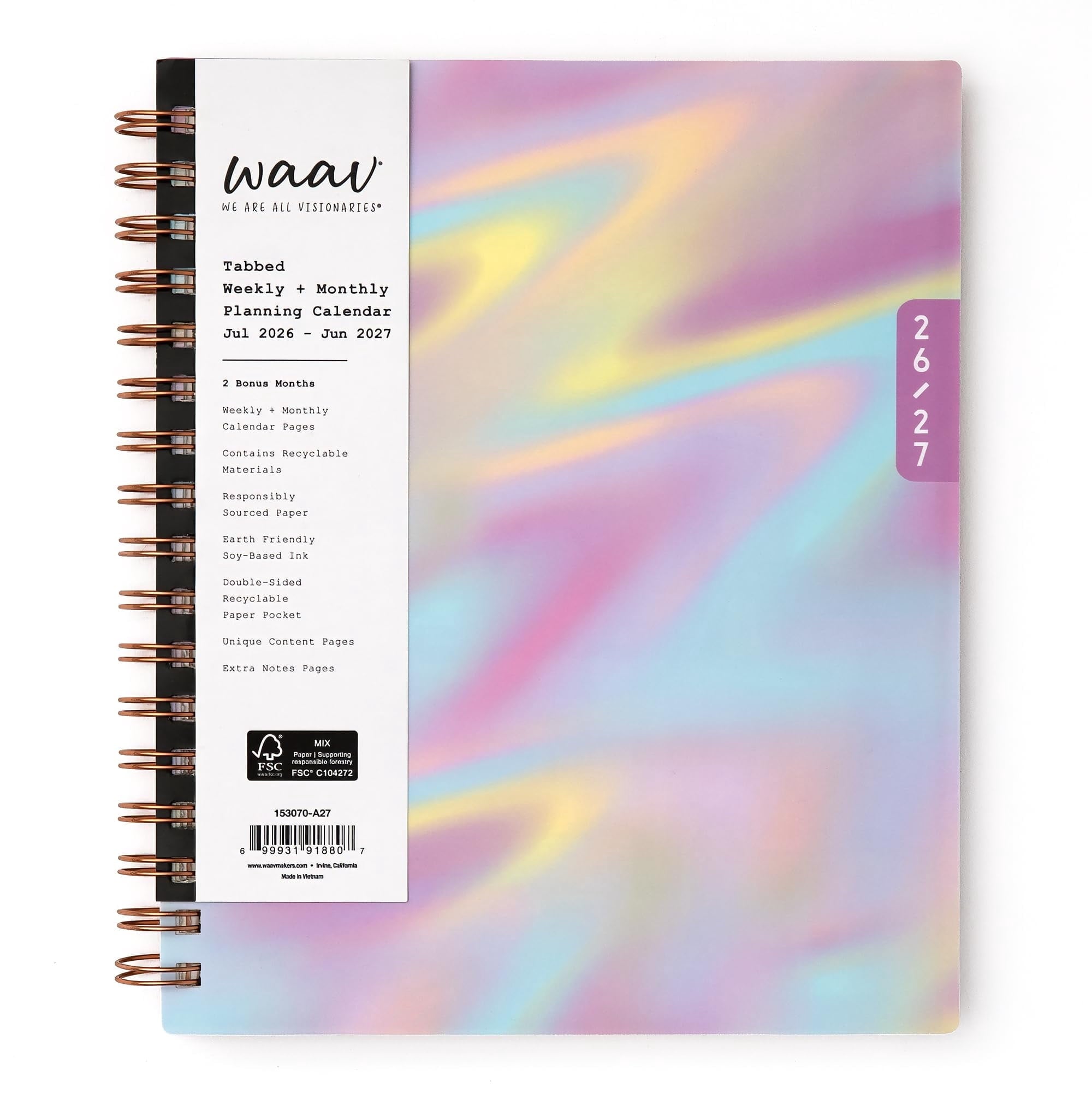 Blue Sky WAAV 2026-2027 Weekly and Monthly Academic Year Planner Calendar, July 2026 - June 2027, 7" x 9", Flexible Cover, Wirebound, Lamina