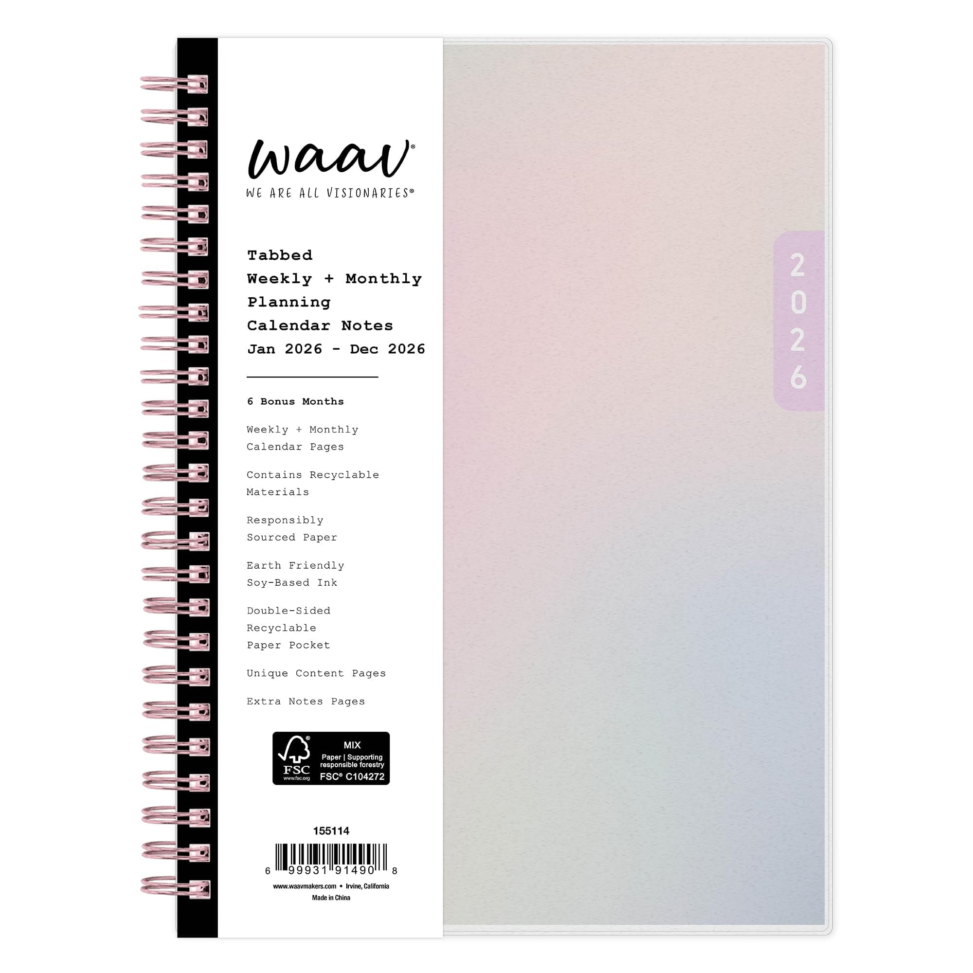Blue Sky WAAV 2026 Weekly and Monthly Planner Calendar, January 2026 - December 2026, 5.875" x 8.625", Flexible Cover, Durable Twin Wire Bin