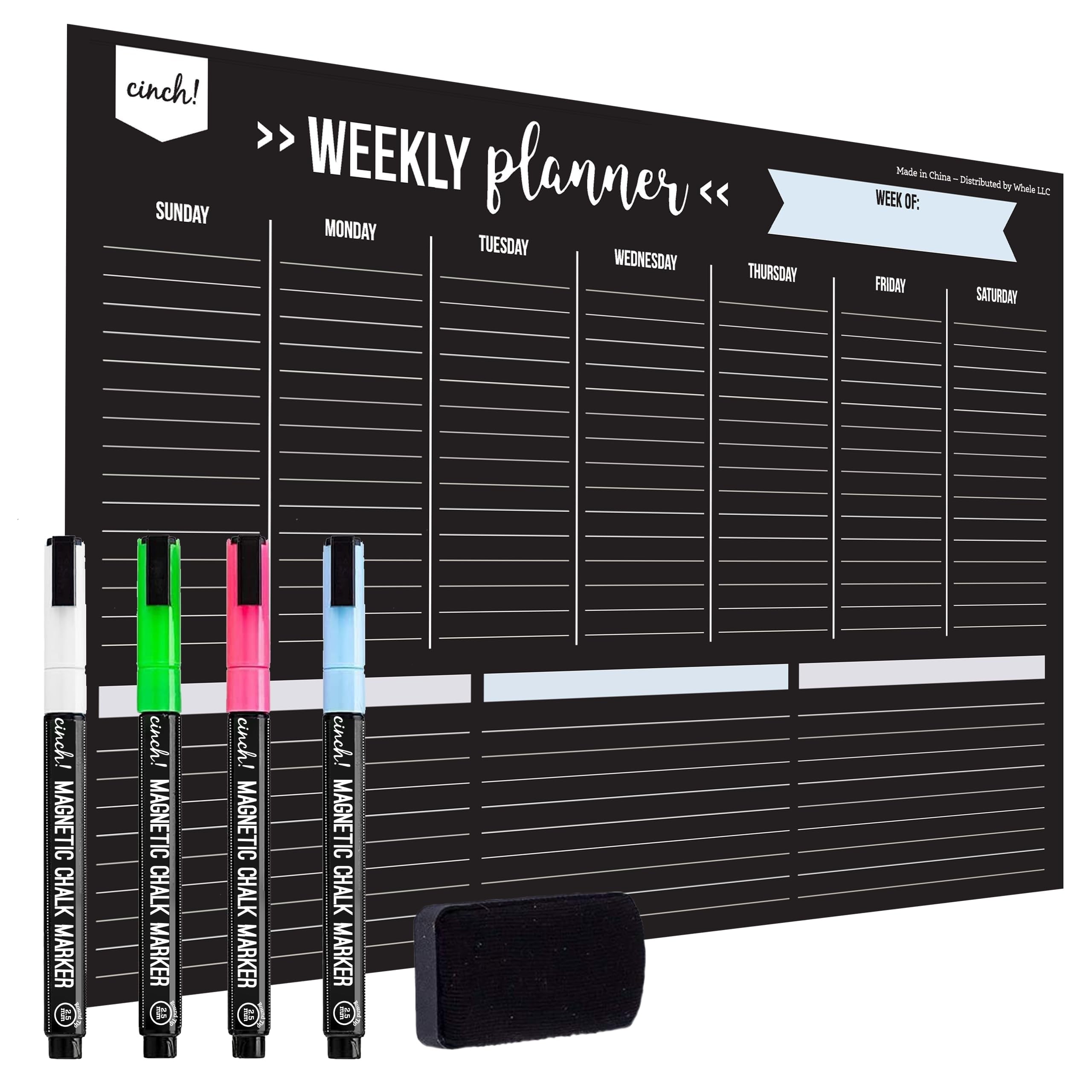 17x12-Inch Magnetic Dry Erase Weekly Planner for Fridge - Black Weekly Calendar Board with 4 Fine Tip Markers and Lar...