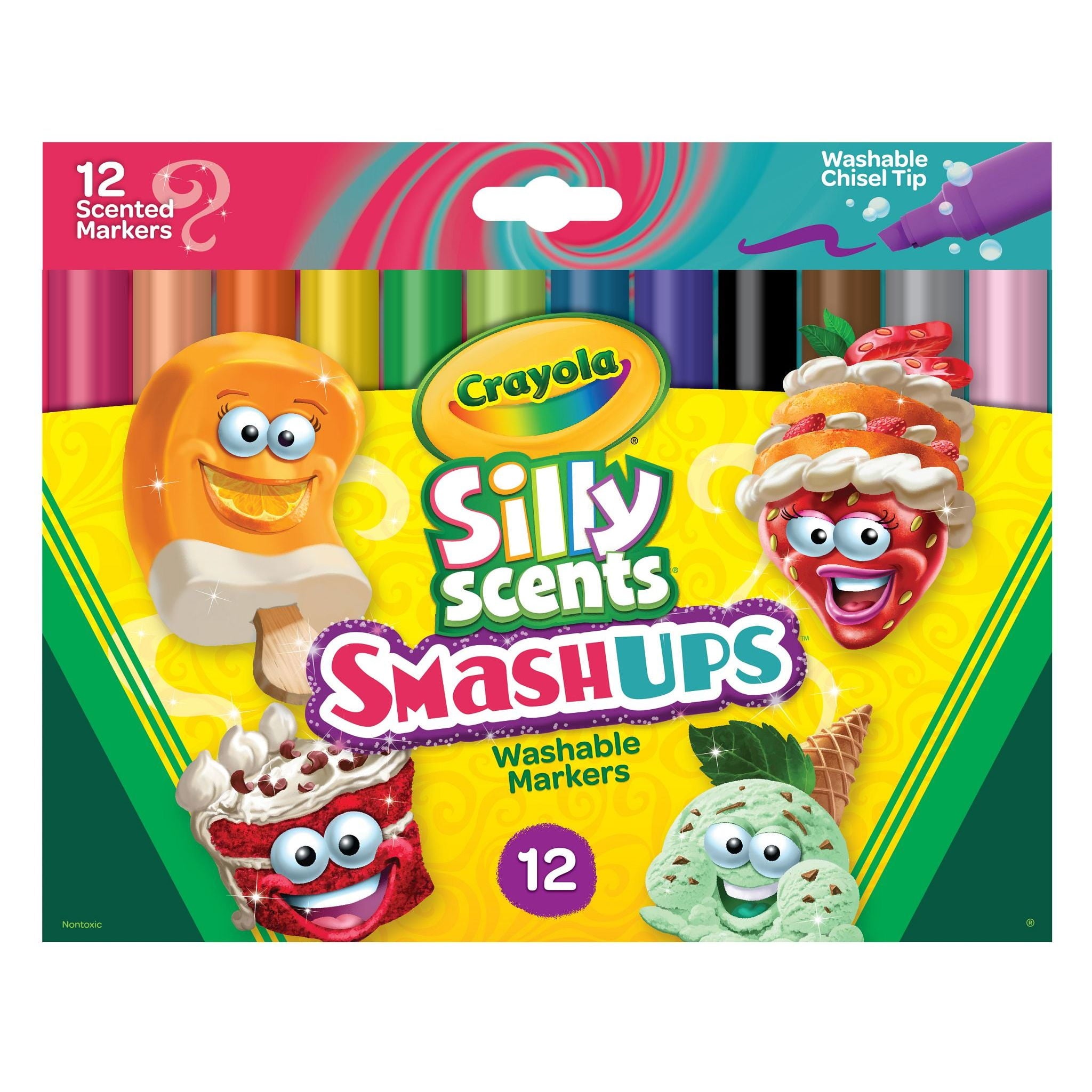 Silly Scents Smash Ups Markers, 12 Count, Scented Art Tools, Assorted Colors, Chisel Tip for Thick & Thin Lines