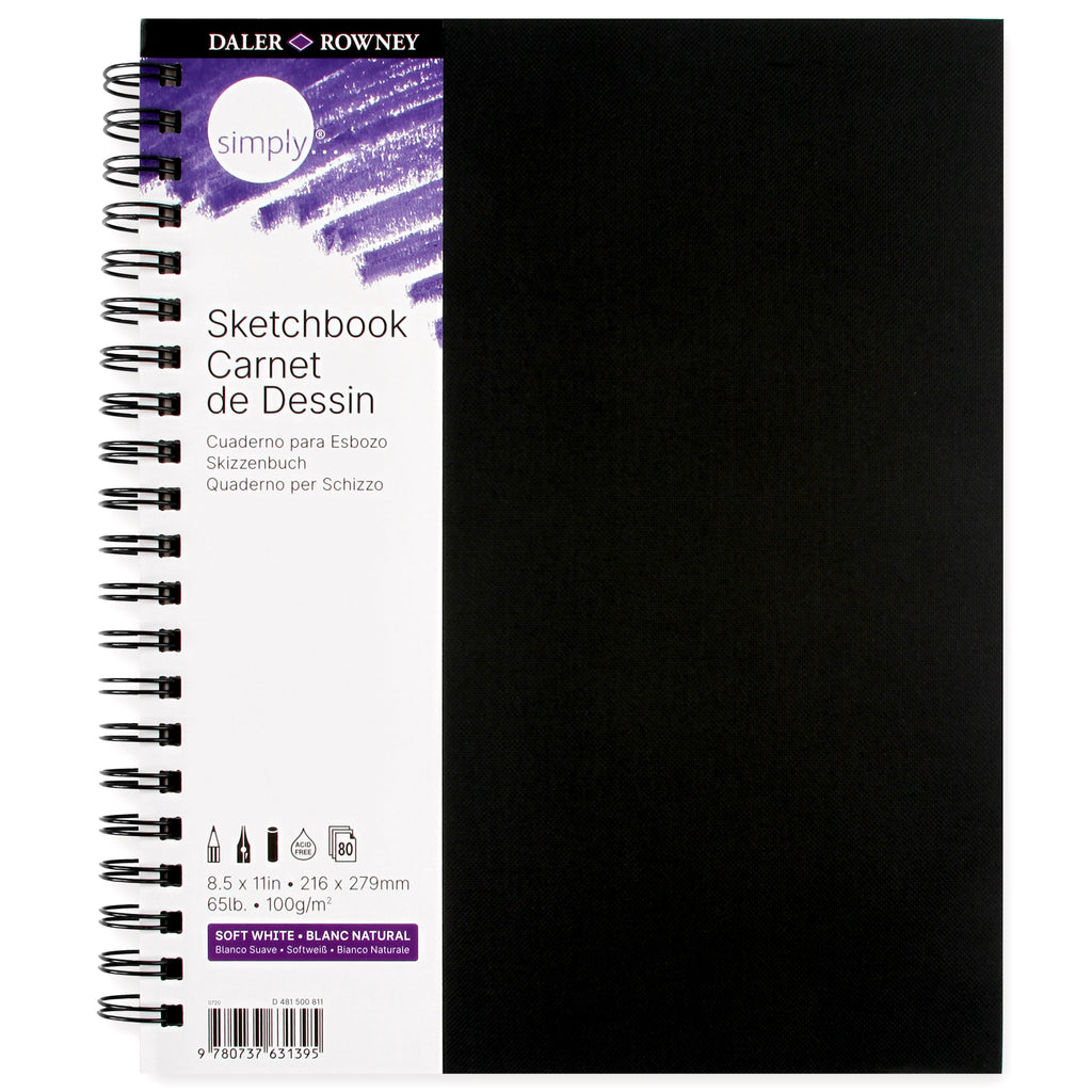 Daler-Rowney Simply... Sketchbook, Soft White Pages, (65lb/100g), Black Cover Wire Binding, 80 Sheet, 8.5" x 11"