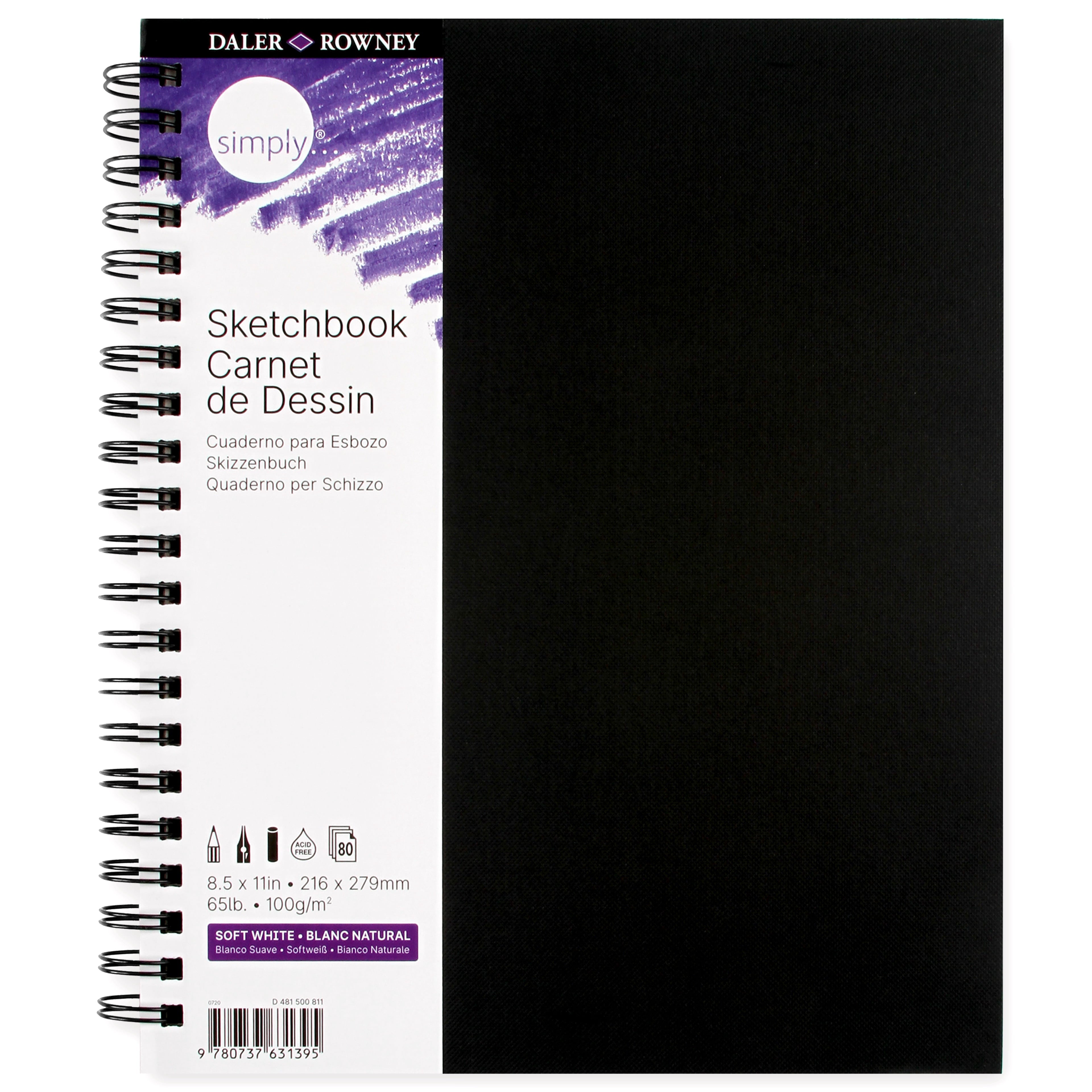 Daler-Rowney Simply... Sketchbook, Soft White Pages, (65lb/100g), Black Cover Wire Binding, 80 Sheet, 8.5" x 11"