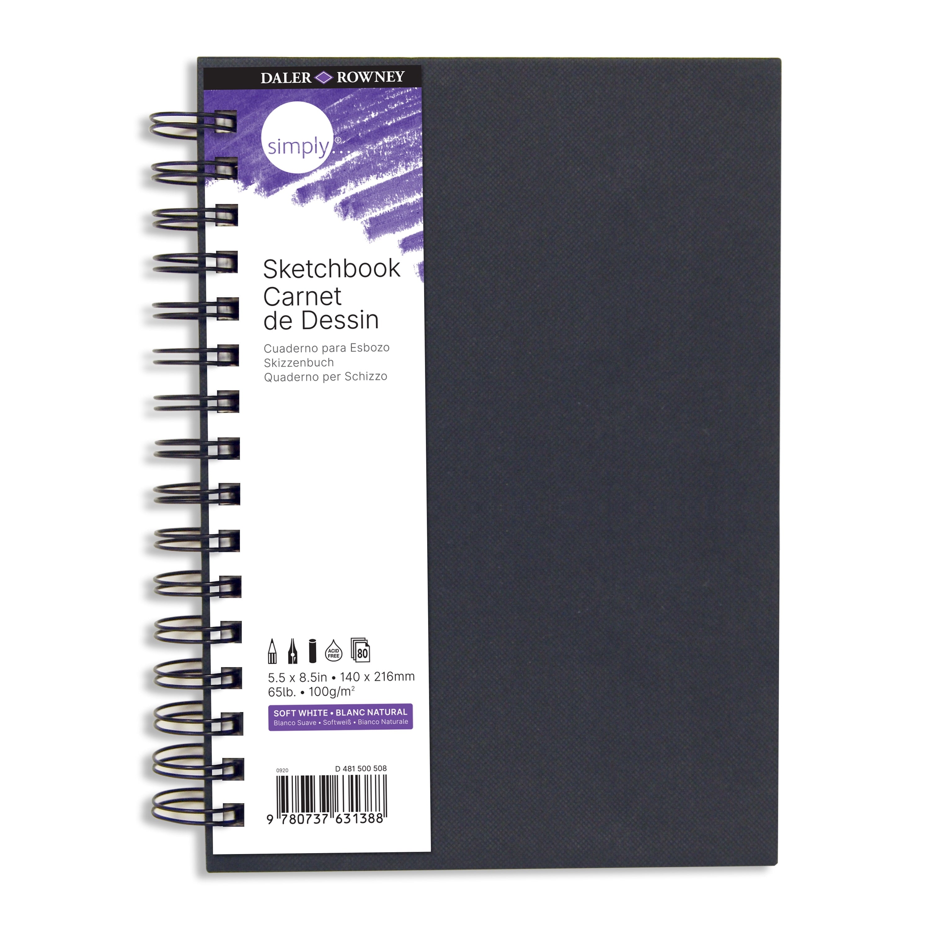 Simply... Sketchbook, Soft White Pages,(65lb/100g), Black Cover, Wire Binding, 80 Sheet, 5.5x8.5 inch, 1 Count