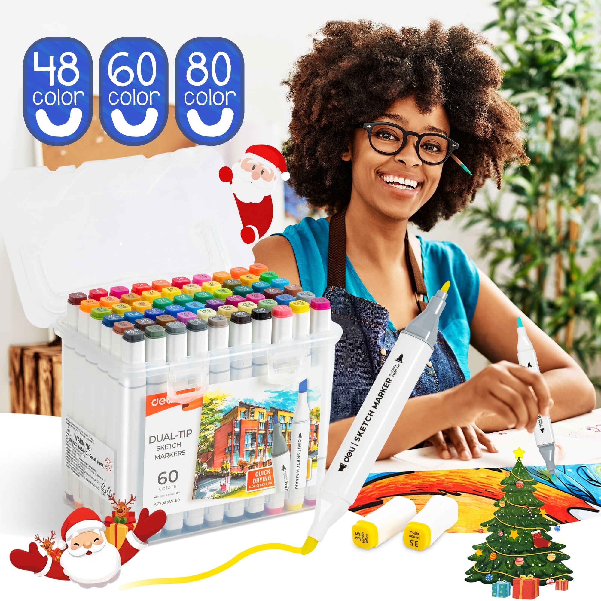 Deli 60 Colors Dual Tip  Permanent Markers, Art Alcohol Markers Set Art Supplies with Storage Box