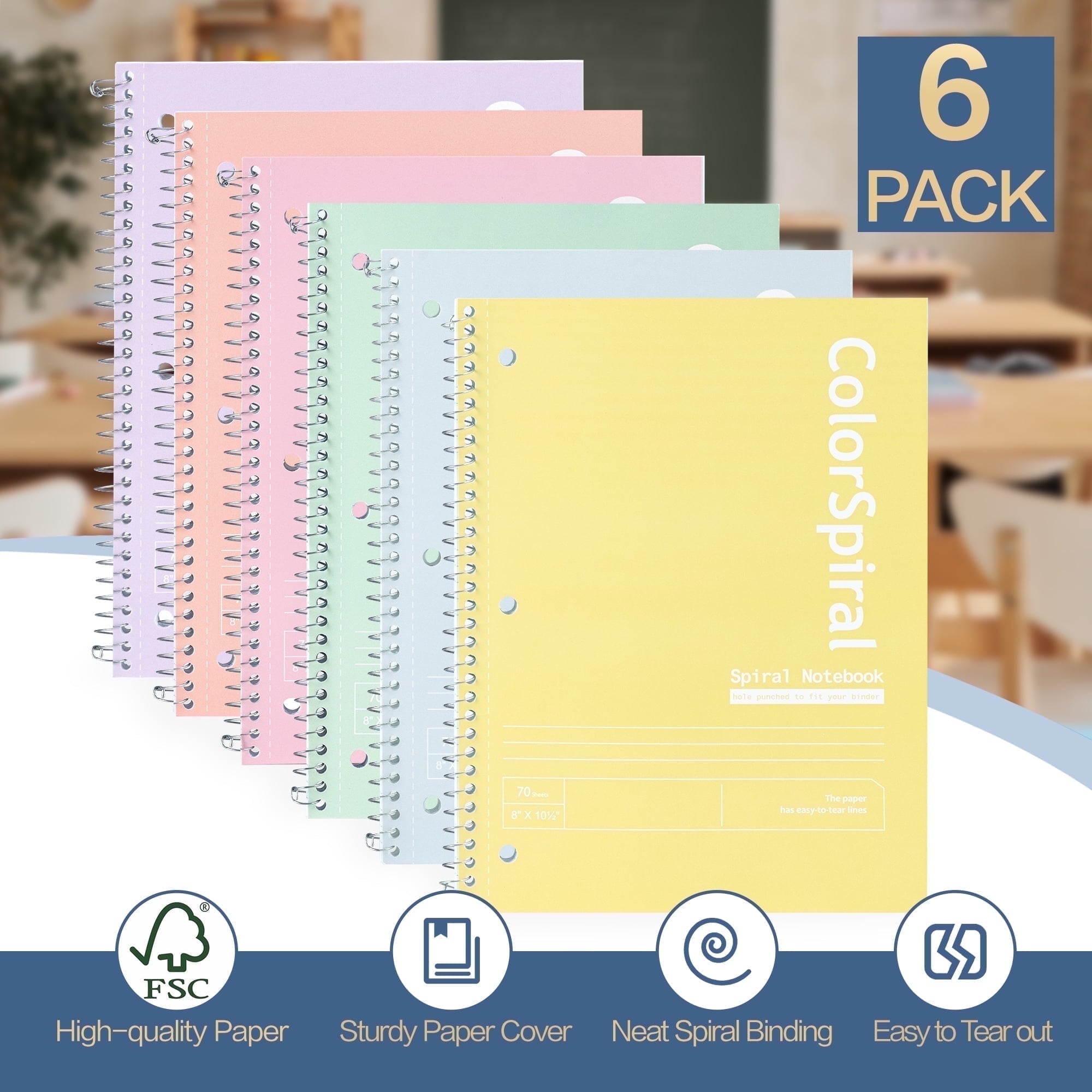 Notebook, College Ruled, 1-Subject Notebook, Thick Paper, 140 Pages, 8"x 10-1/2", Assorted Colors, 6 Pack