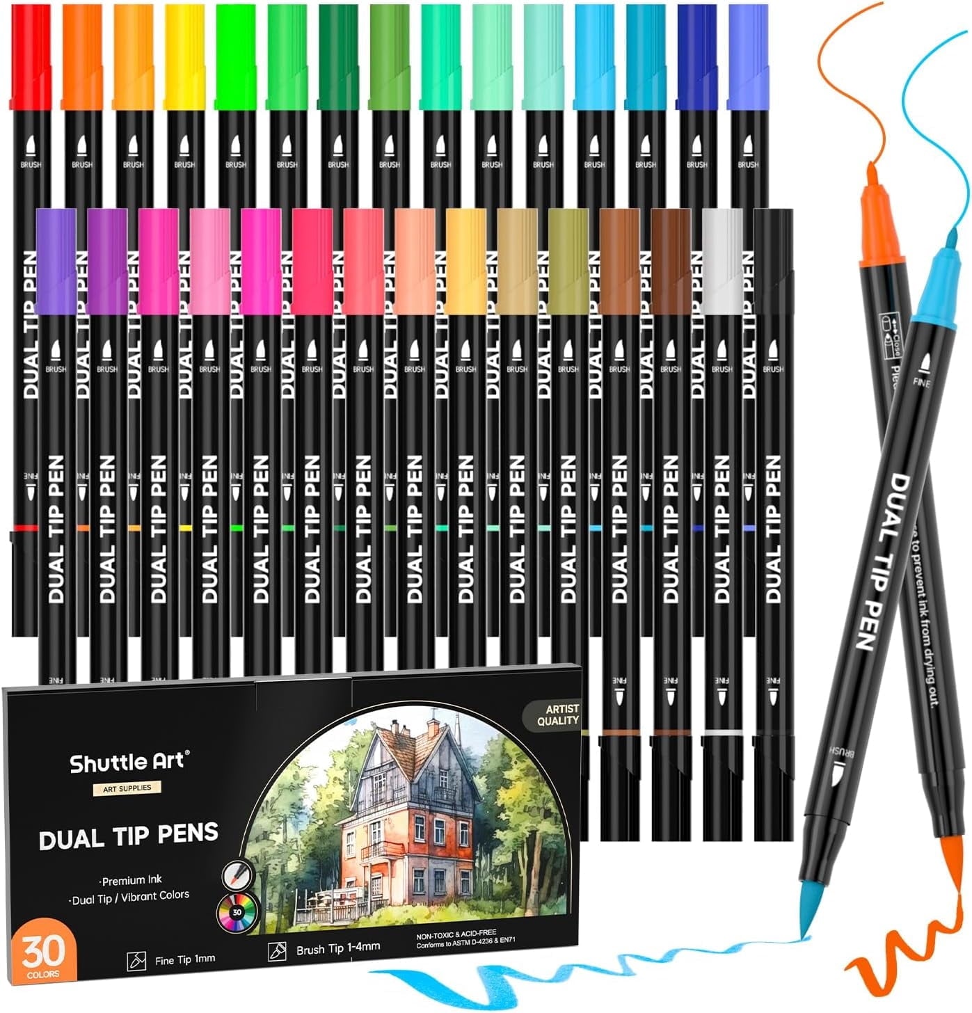 Dual Tip Brush Pens Art Markers, 30 Colors Dual Tip Calligraphy Pens Fine and Brush Dual Tip Markers Set Perfect for ...