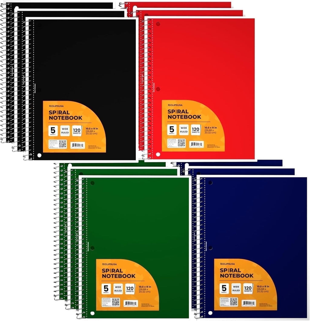 150-Sheet 5-Subject Wide Ruled Spiral Notebook with 2 Pocket Divider, 8.5” x 11”, 12-Pack