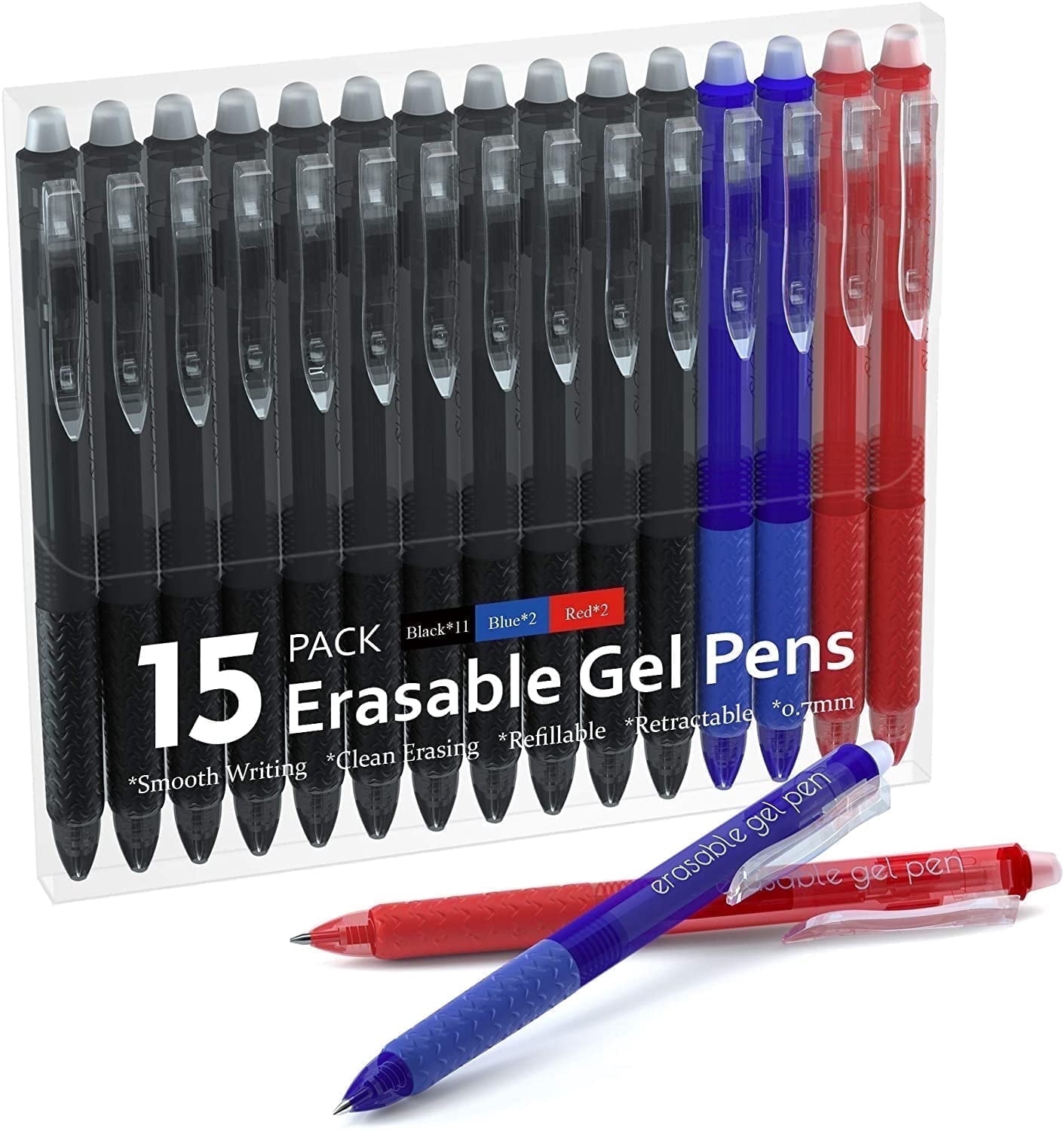 Erasable Gel Pens, 15 Pack Retractable Erasable Pens Clicker, Fine Point, Make Mistakes Disappear, 11 Black 2 Blue 2 ...