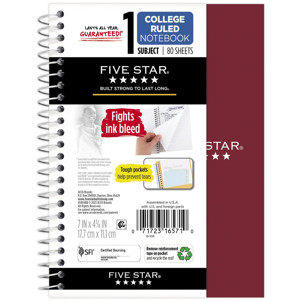 College Ruled Notebook, 4.5" x 7", Burgundy Red, Poly, Spiral, 80 Sheets