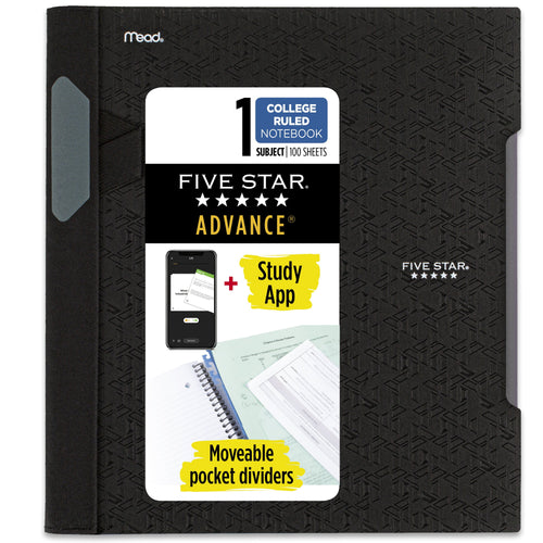 1 Subject College Ruled Notebook Plus Study App, 8.5" x 11", Black, Poly, Spiral, 100 Sheets