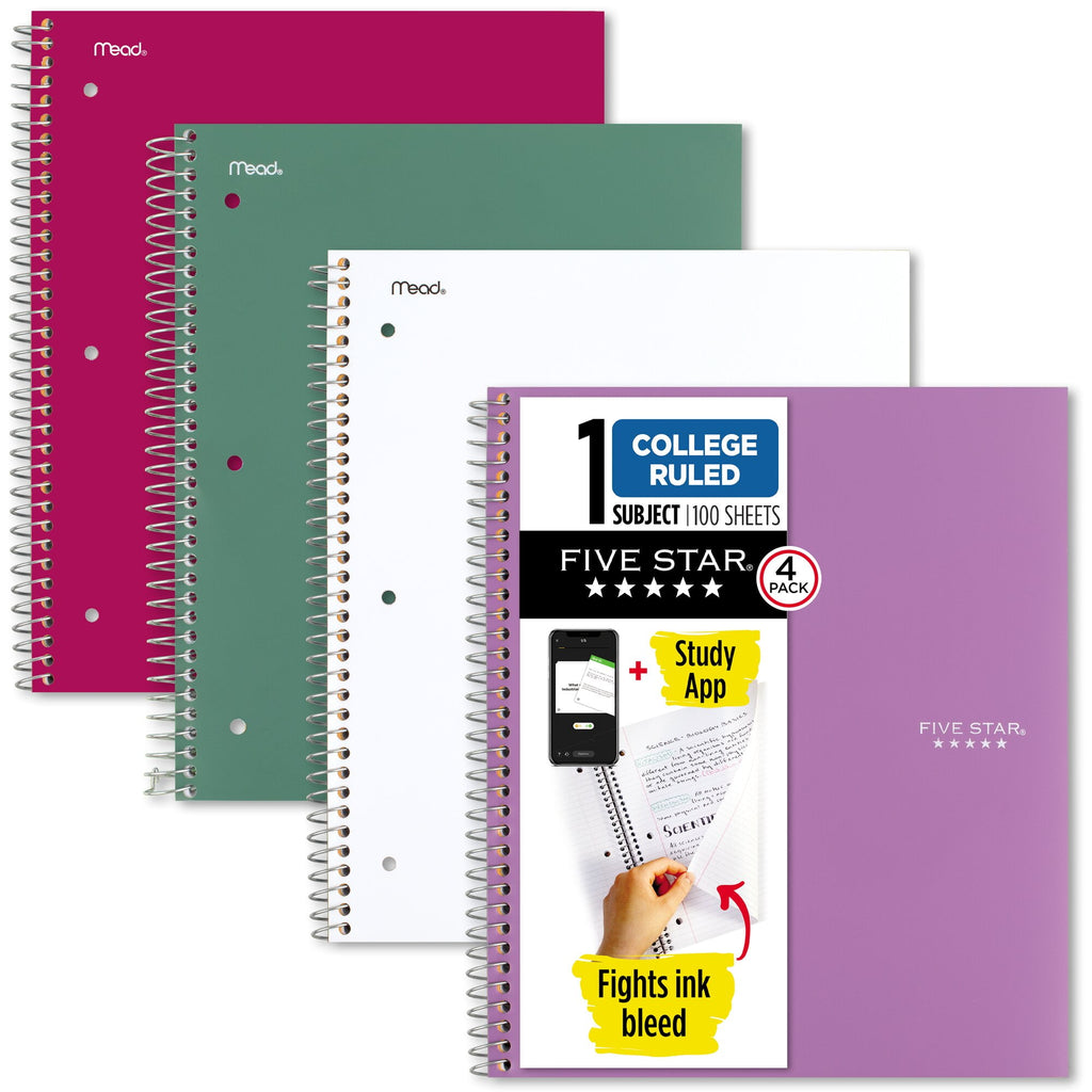 Five Star Spiral Notebook + Study App, 1 Subject, College Ruled, 8.5" x 11", 4 Pack