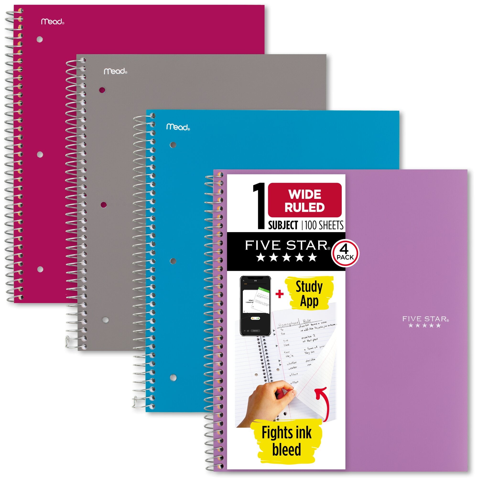 Spiral Notebook + Study App, 1 Subject, Wide Ruled, 8" x 10.5", 4 Pack