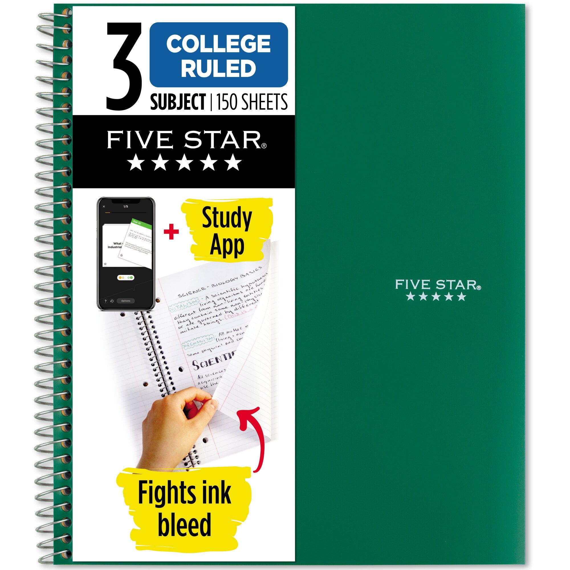 Five Star Spiral Notebook + Study App, 3 Subject, College Ruled, 8.5" x 11"