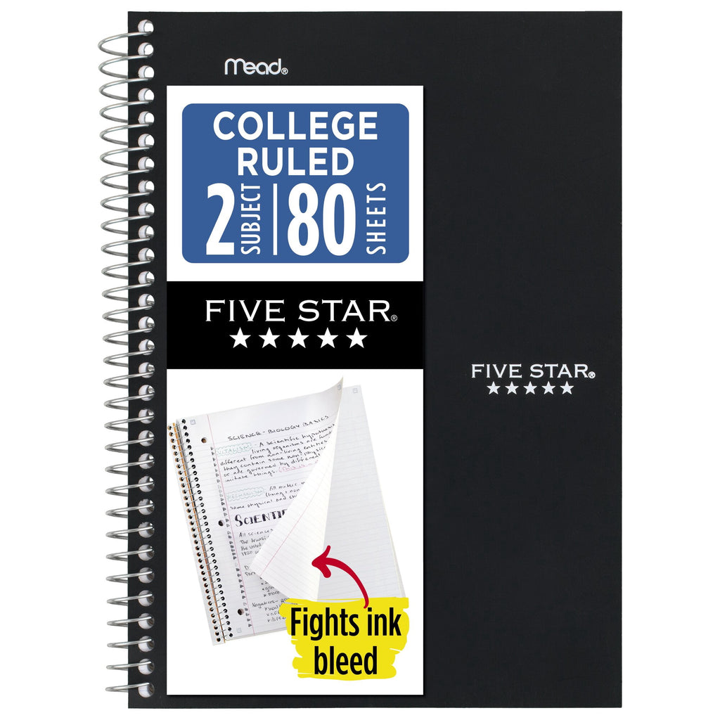 Spiral Notebook, 2 Subject, College Ruled, 6" x 9.5", Black