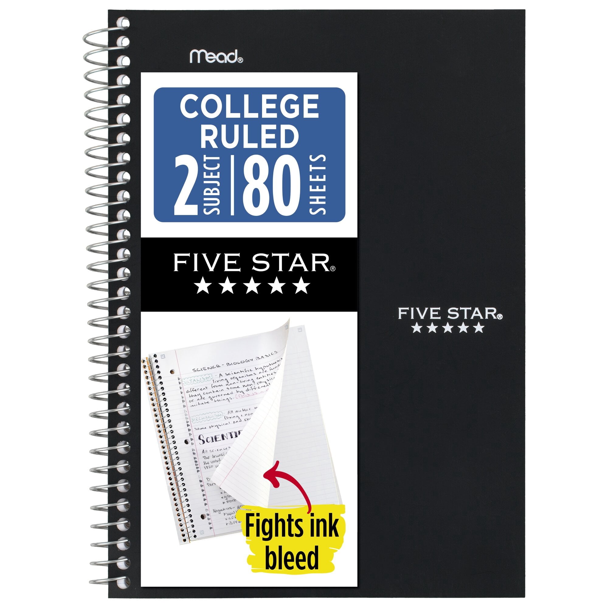 Spiral Notebook, 2 Subject, College Ruled, 6" x 9.5", Black