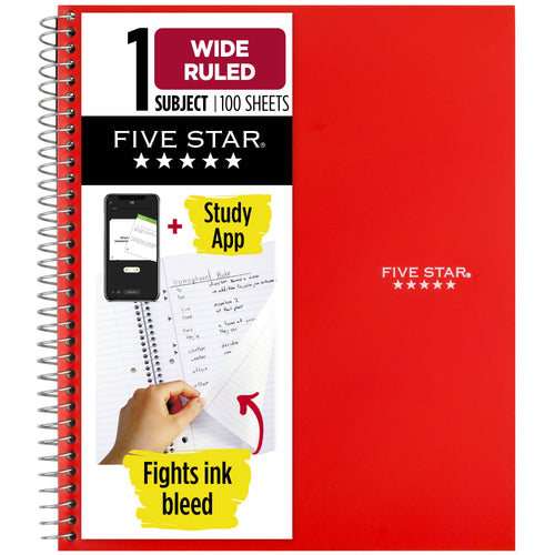 1 Subject Wide Ruled Notebook Plus Study App, 8" x 10.5", Fire Red, Poly, Spiral, 100 Sheets