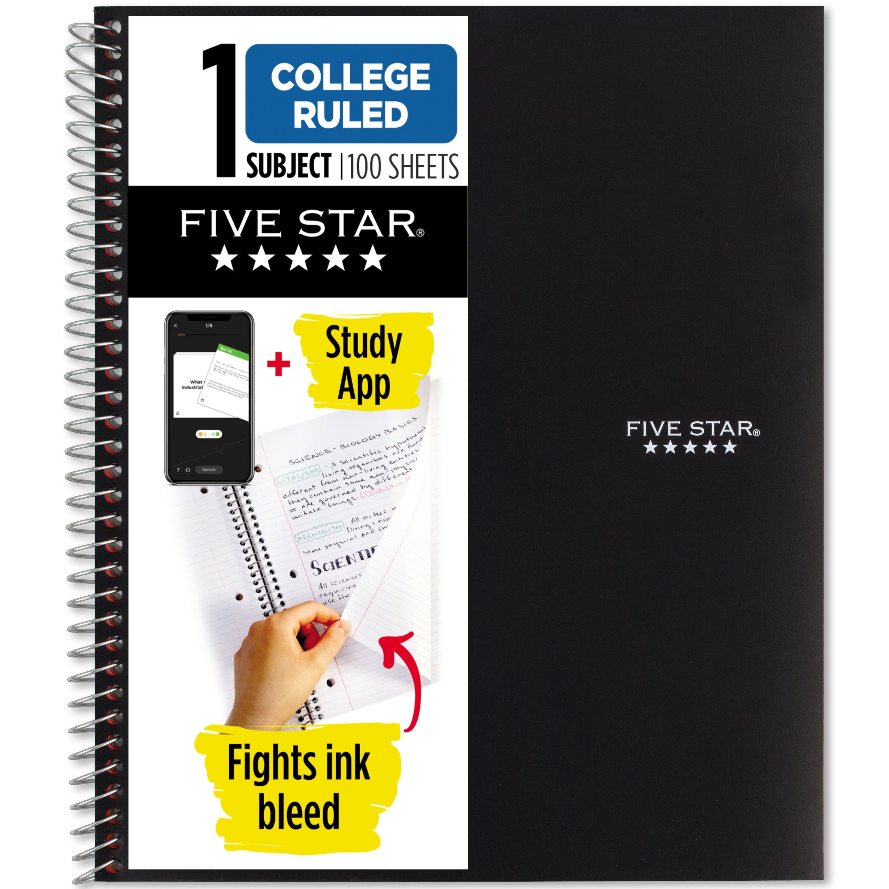 Five Star 1 Subject College Ruled Notebook Plus Study App, 8.5" x 11", Black, Poly, Spiral, 100 Sheets