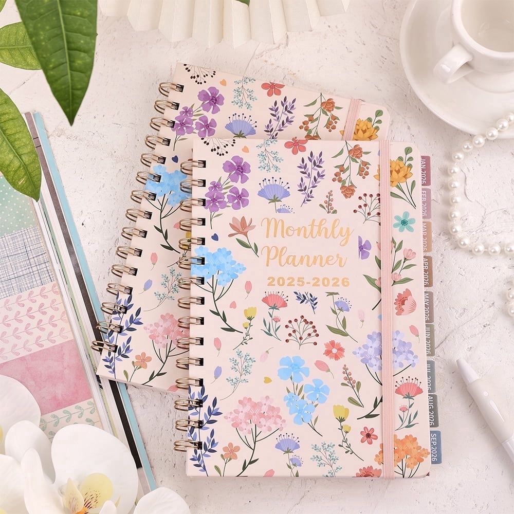 [Floral Monthly Planner] 2 Years Floral Beige Hardcover Monthly Planner - 2026 A5 Monthly Calendar To Do Notebook With Monthly Tabs And Stud