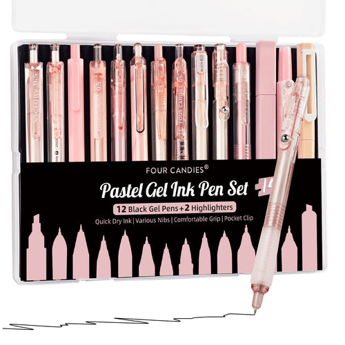 14Pack Pastel Gel Ink Pen Set,Cute Retractable 0.5mm Fine Point Pen,12 Pack Black Ink Pens with 2Pack Highlighter, Sm...