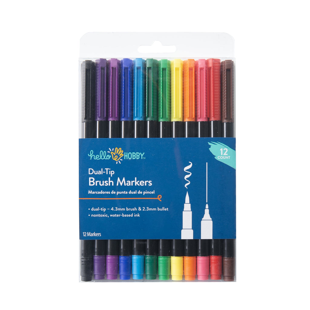 Hello Hobby Dual Tip Brush Marker & Fineliner for Adult Crafting, 12 Pieces, Classic Colors