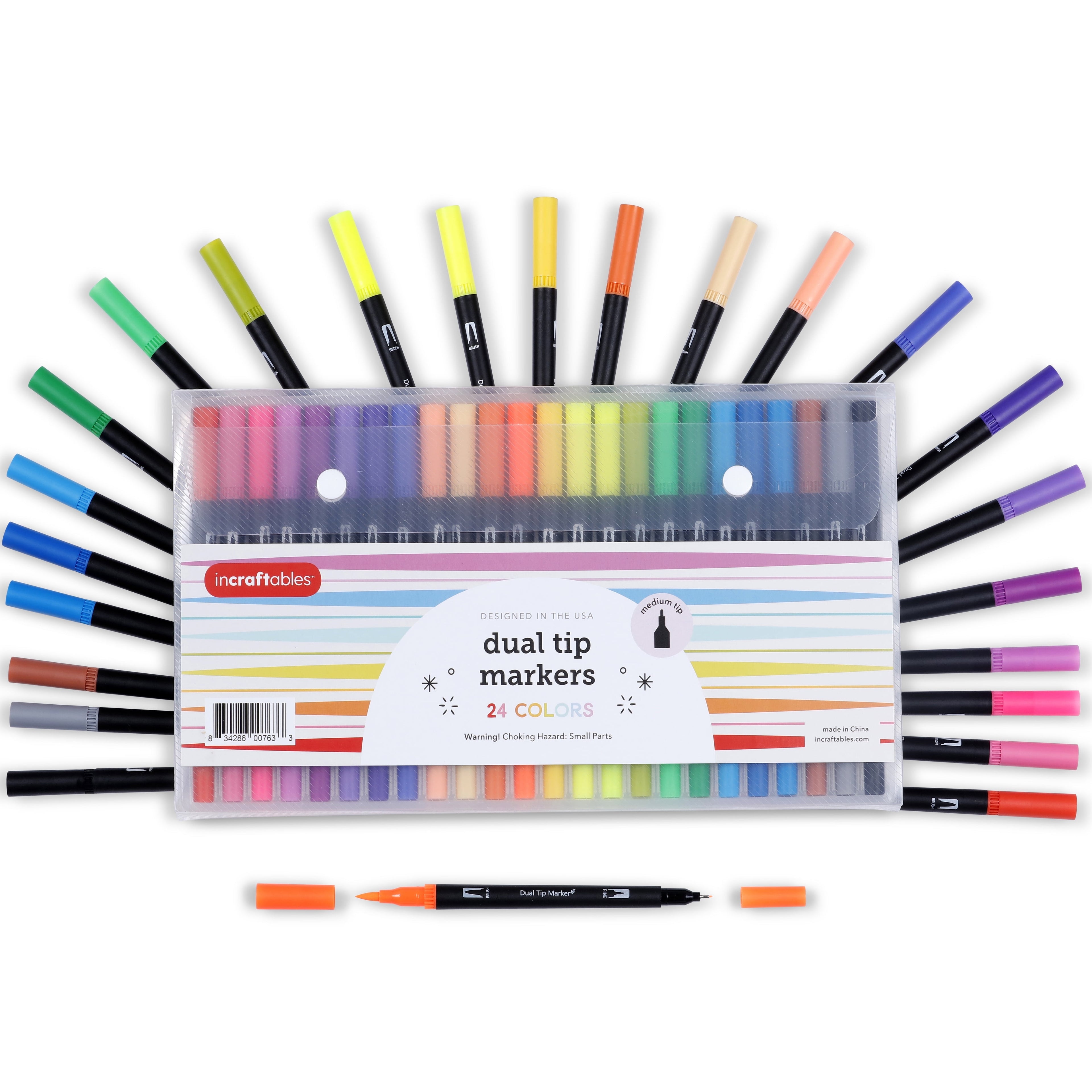 Dual Tip Markers Set, 24 Colors, Fine Tip, No Bleed, Art Drawing Coloring
