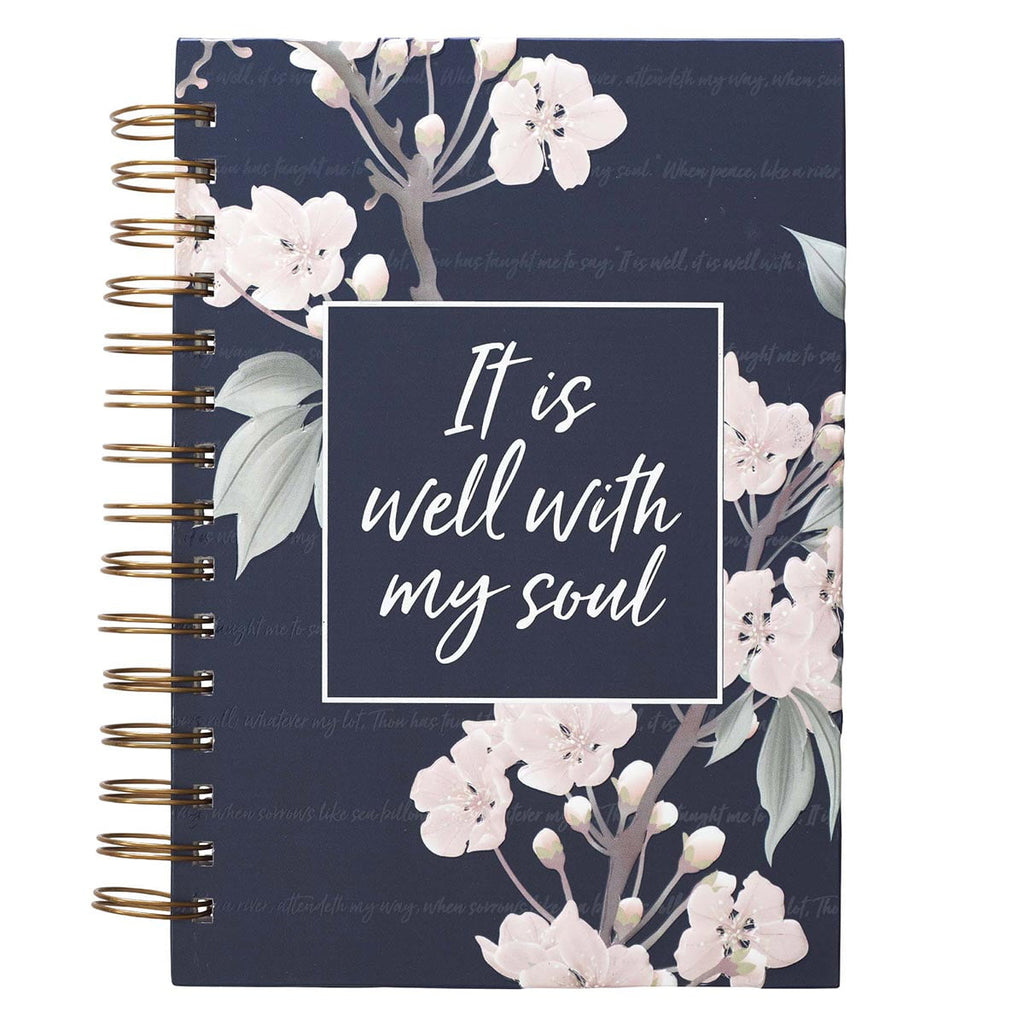 Inspirational Spiral Journal Notebook for Women It is Well Navy Blue Floral Wire Bound w/192 Ruled Pages, Large Hardc...
