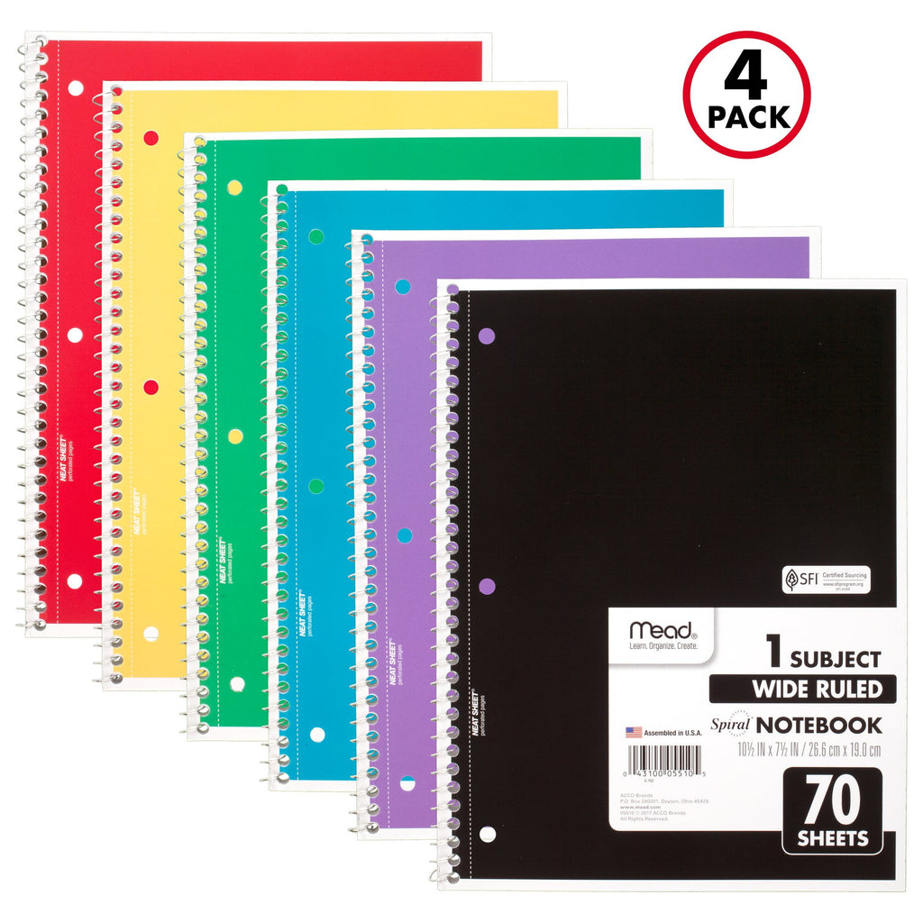 Spiral Notebook, 1 Subject, Wide Ruled, 10.5" x 7.5", 70 Sheets, 4 Pack, Assorted