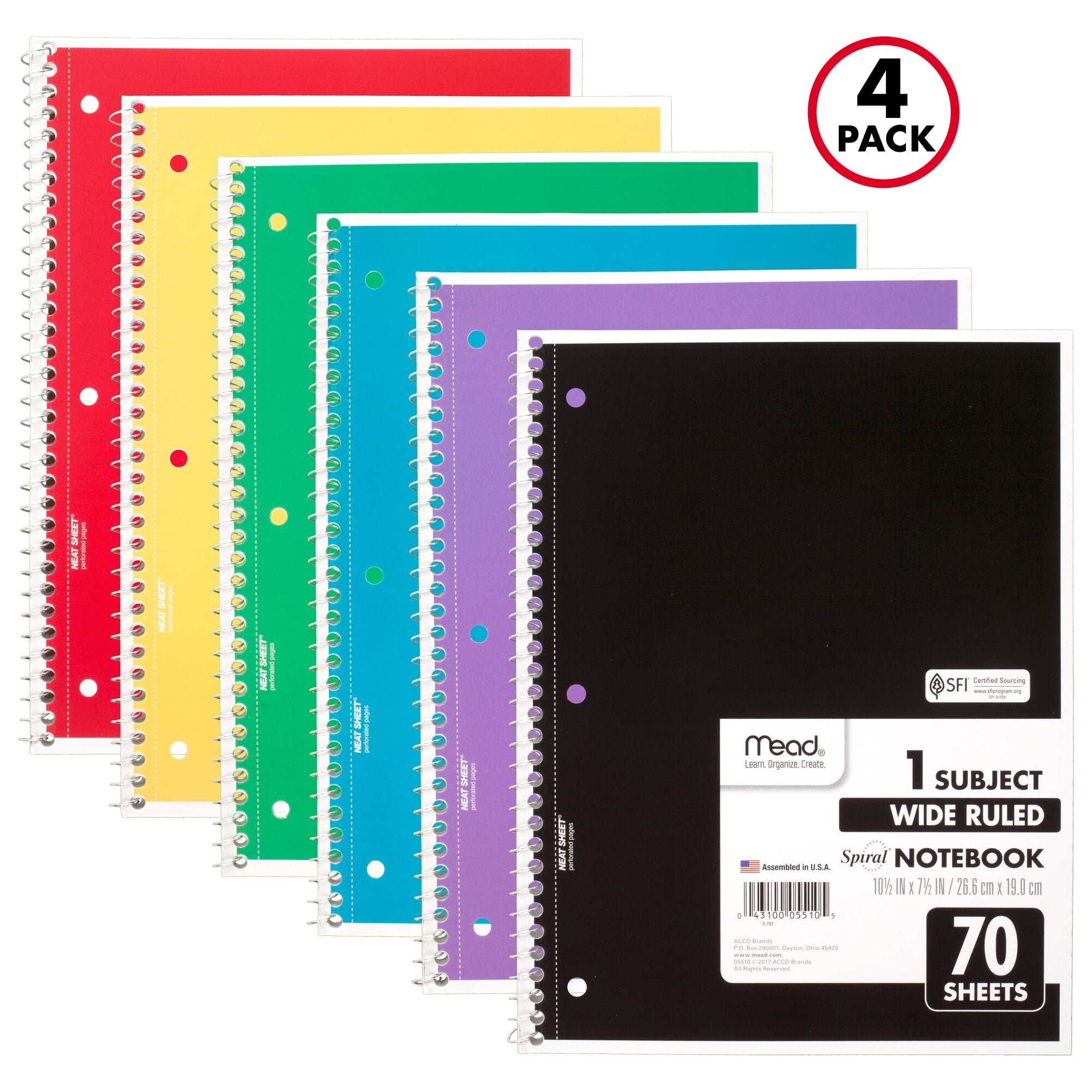 Spiral Notebook, 1 Subject, Wide Ruled, 10.5" x 7.5", 70 Sheets, 4 Pack, Assorted