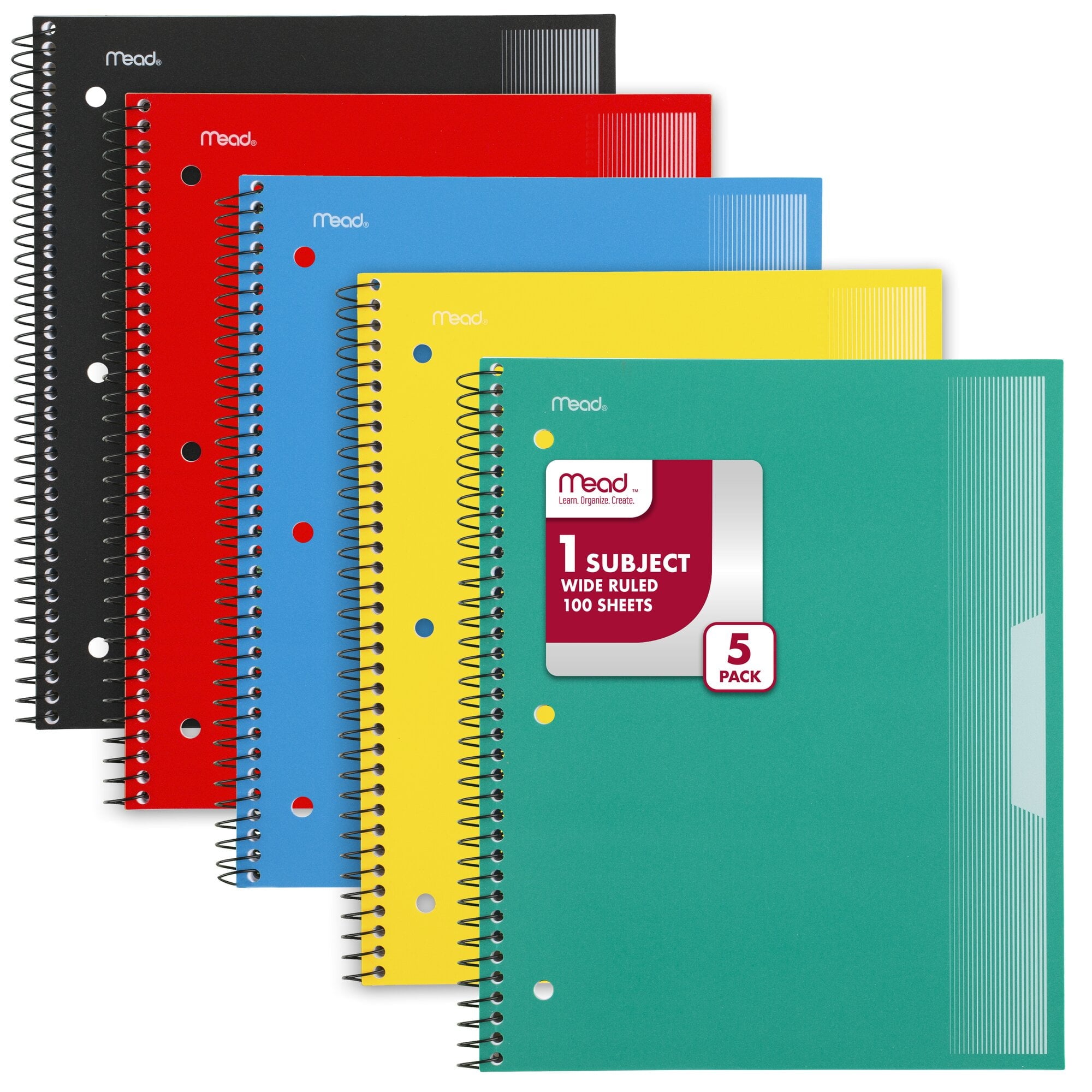 Spiral Notebook, 1 Subject, Wide Ruled, Plastic Cover, 8" x 10.5", 5 Pack