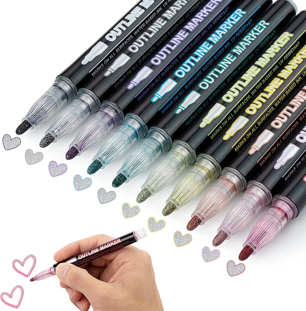 Double Line Outline Markers, 10 Colors, Shimmer Markers, Outline Markers Self-Outline Metallic Markers for All Ages