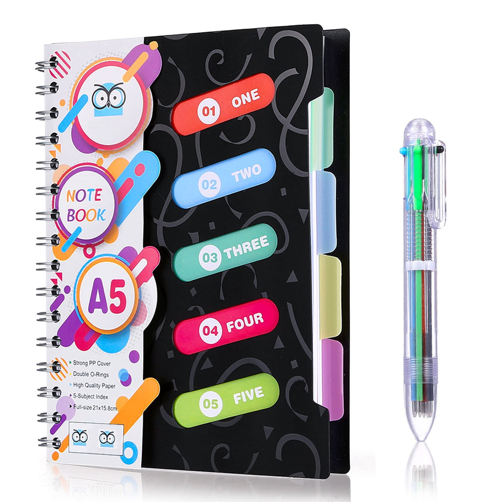 Spiral Notebook, 5 Subject College Ruled A5 Notebook with 5 Colored Tabs and 6-in-1 Pen,Black