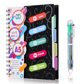 Spiral Notebook, 5 Subject College Ruled A5 Notebook with 5 Colored Tabs and 6-in-1 Pen,Black
