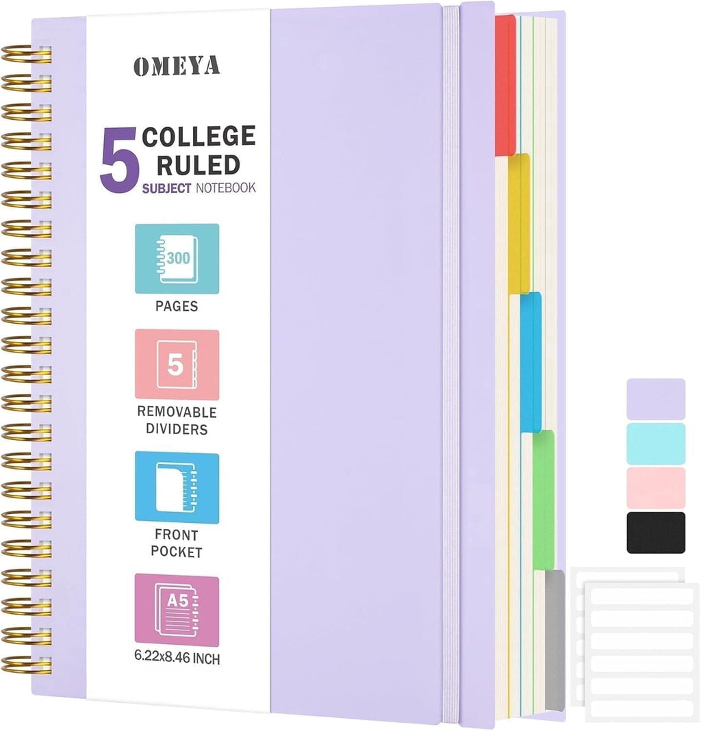 5 Subject Notebooks College Ruled, Spiral Notebook with Dividers, 300 Pages Thick Spiral Writing Journal for Women & ...