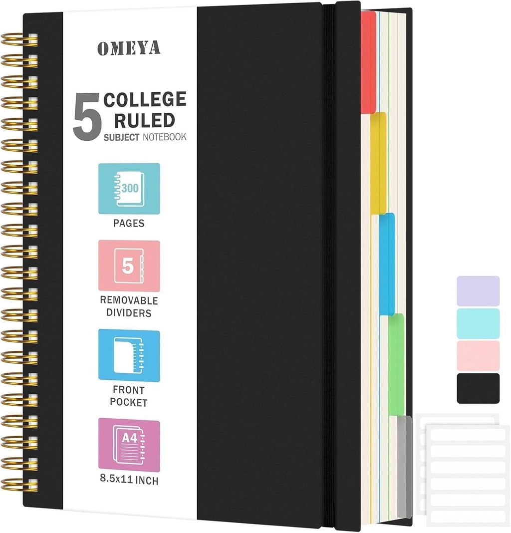 OMEYA 5 Subject Notebooks College Ruled, Spiral Notebook 8.5 x 11in with Dividers, 300 Pages 100GSM Thick Spiral Writing Journal for Women &